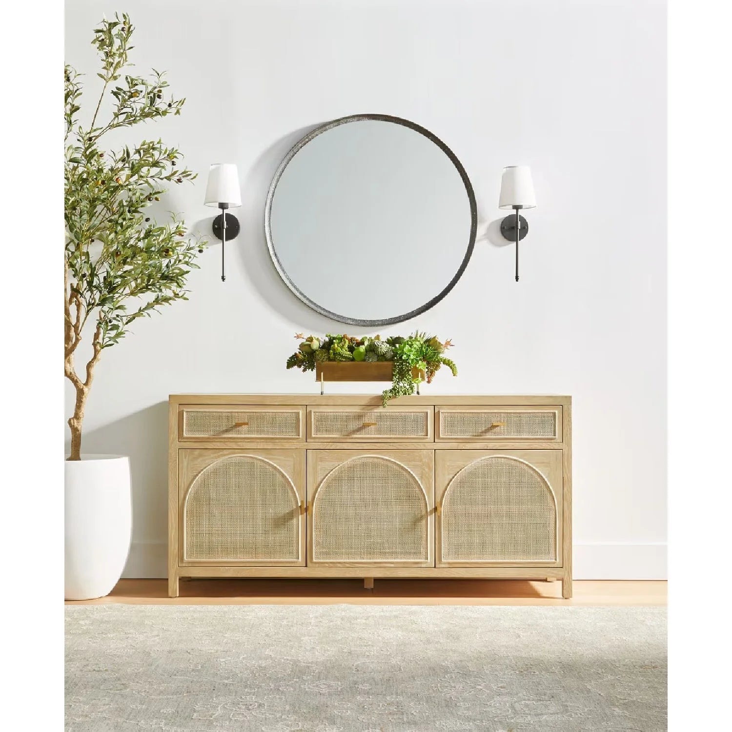 Luxury Smoked Gray Oak Cane Sideboard European Style for Villa