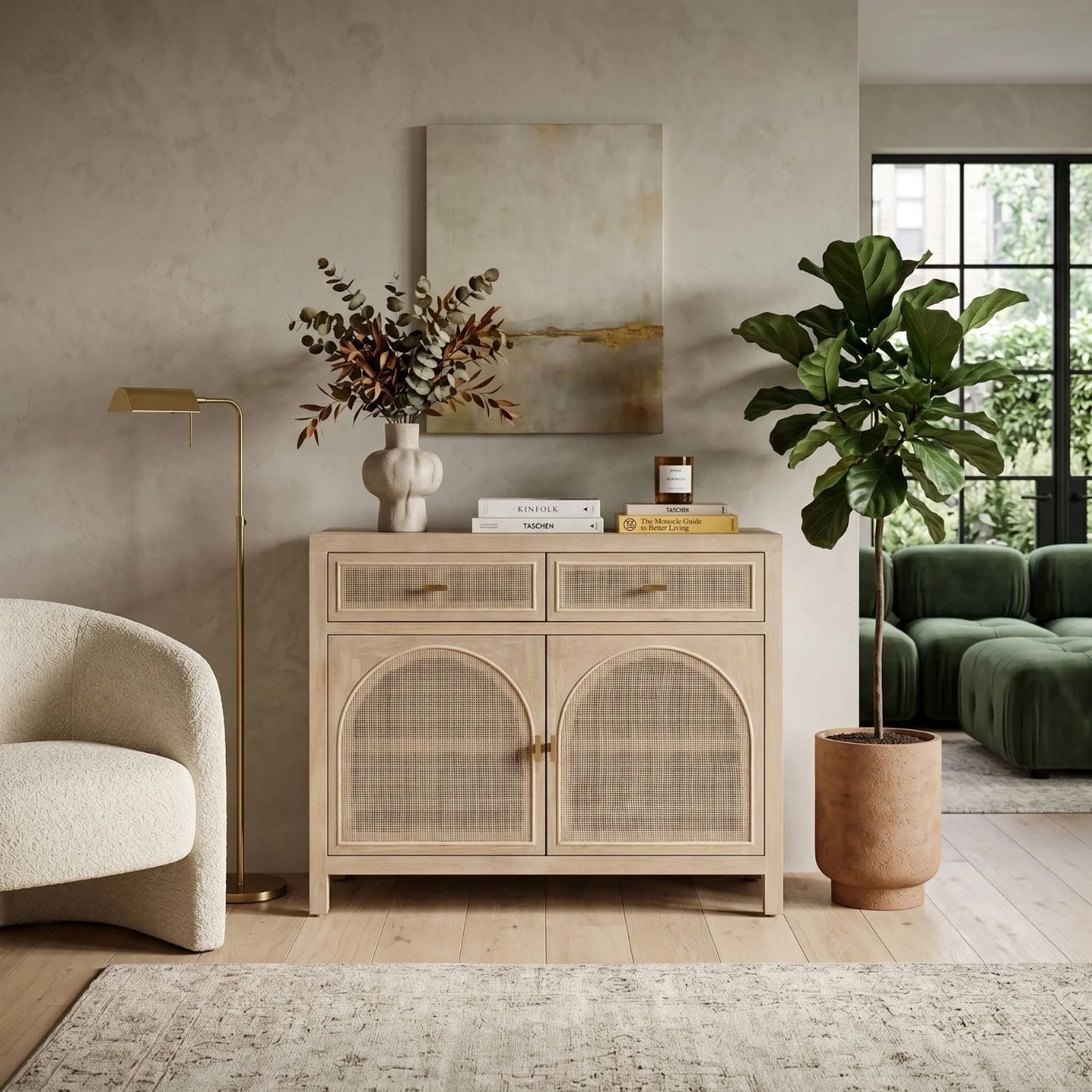 Luxury Smoked Gray Oak Cane Sideboard European Style for Villa