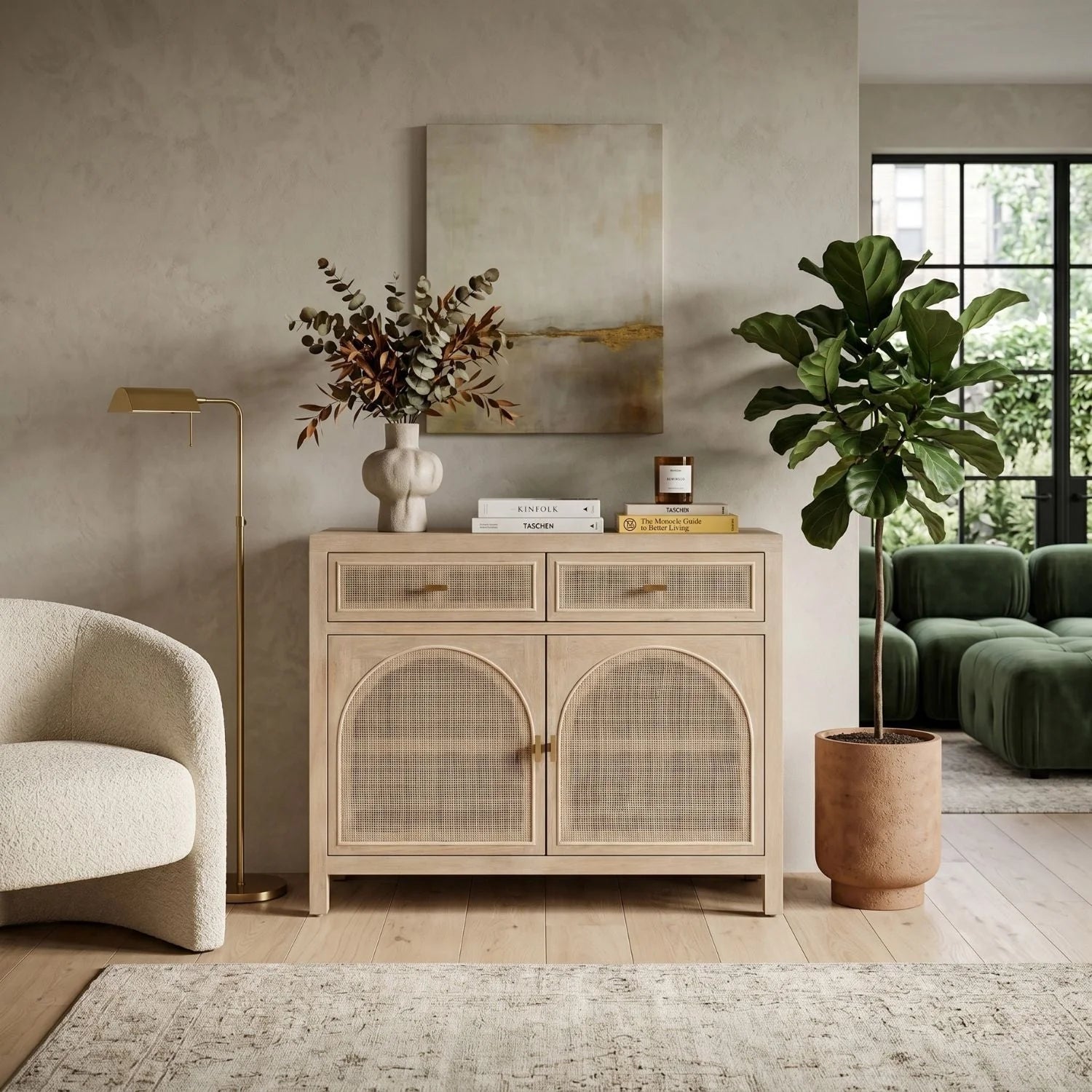 Luxury Smoked Gray Oak Cane Sideboard European Style for Villa