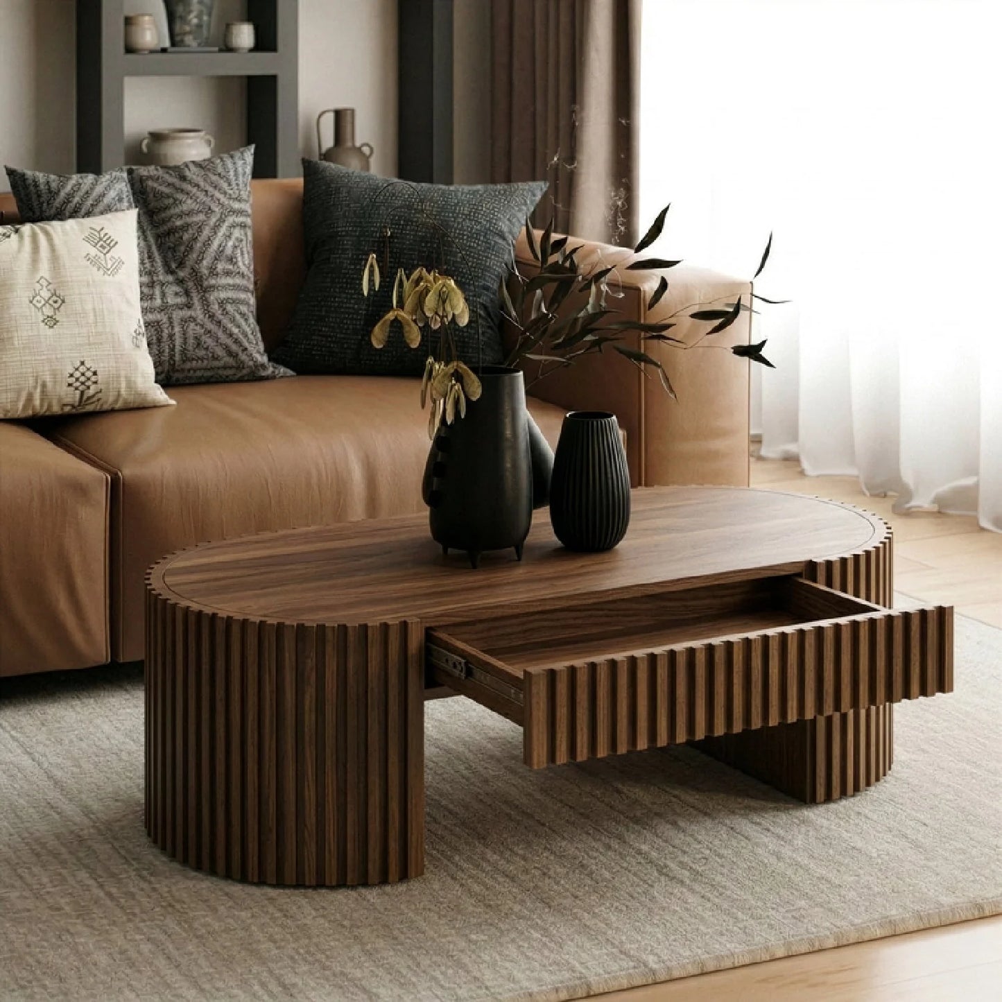 Luxury Solid Eucalyptus 1-Drawer Coffee Table Modern Italian Style for Villa