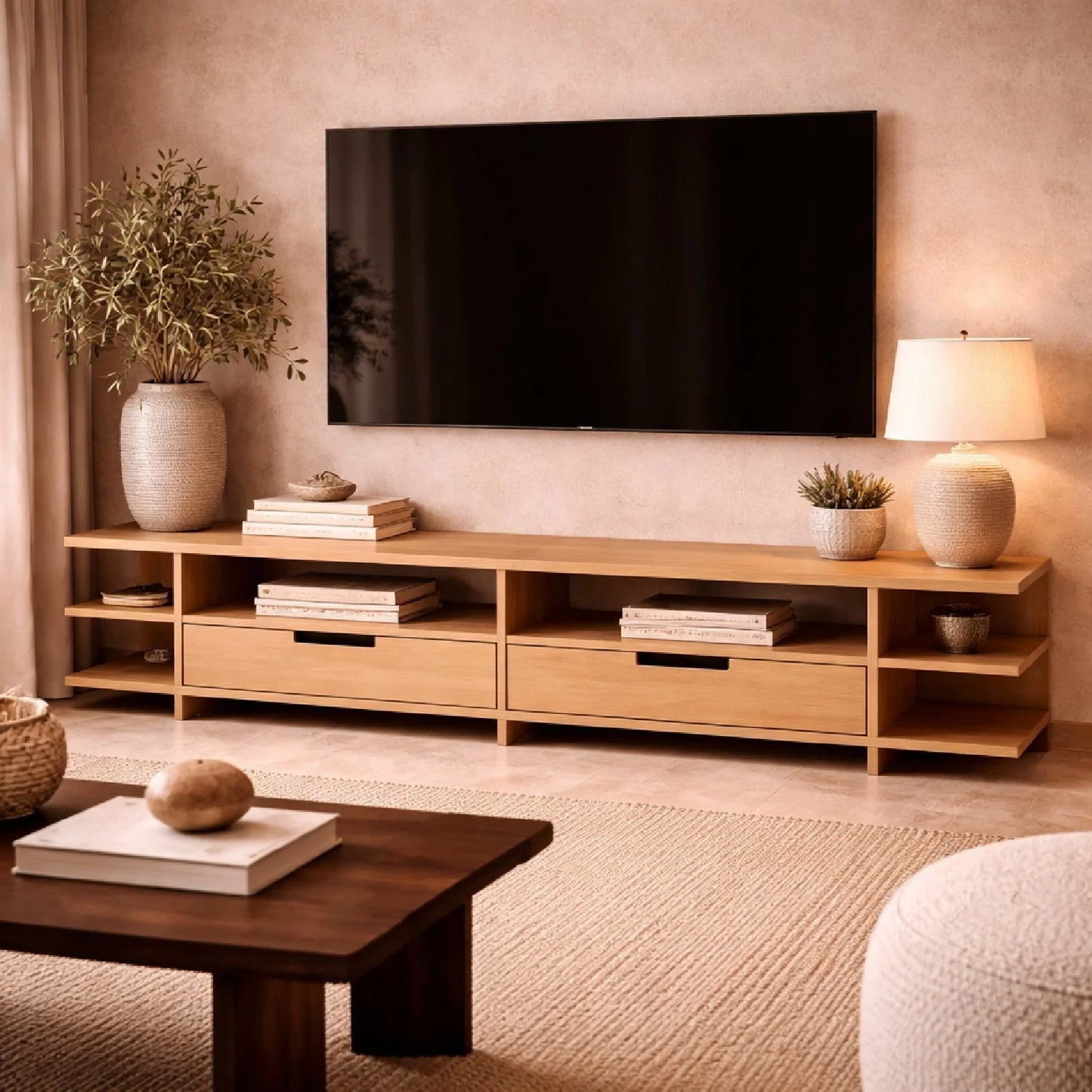 Luxury Solid Oak 2-Drawer Media Cabinet Modern Italian Style for Villa