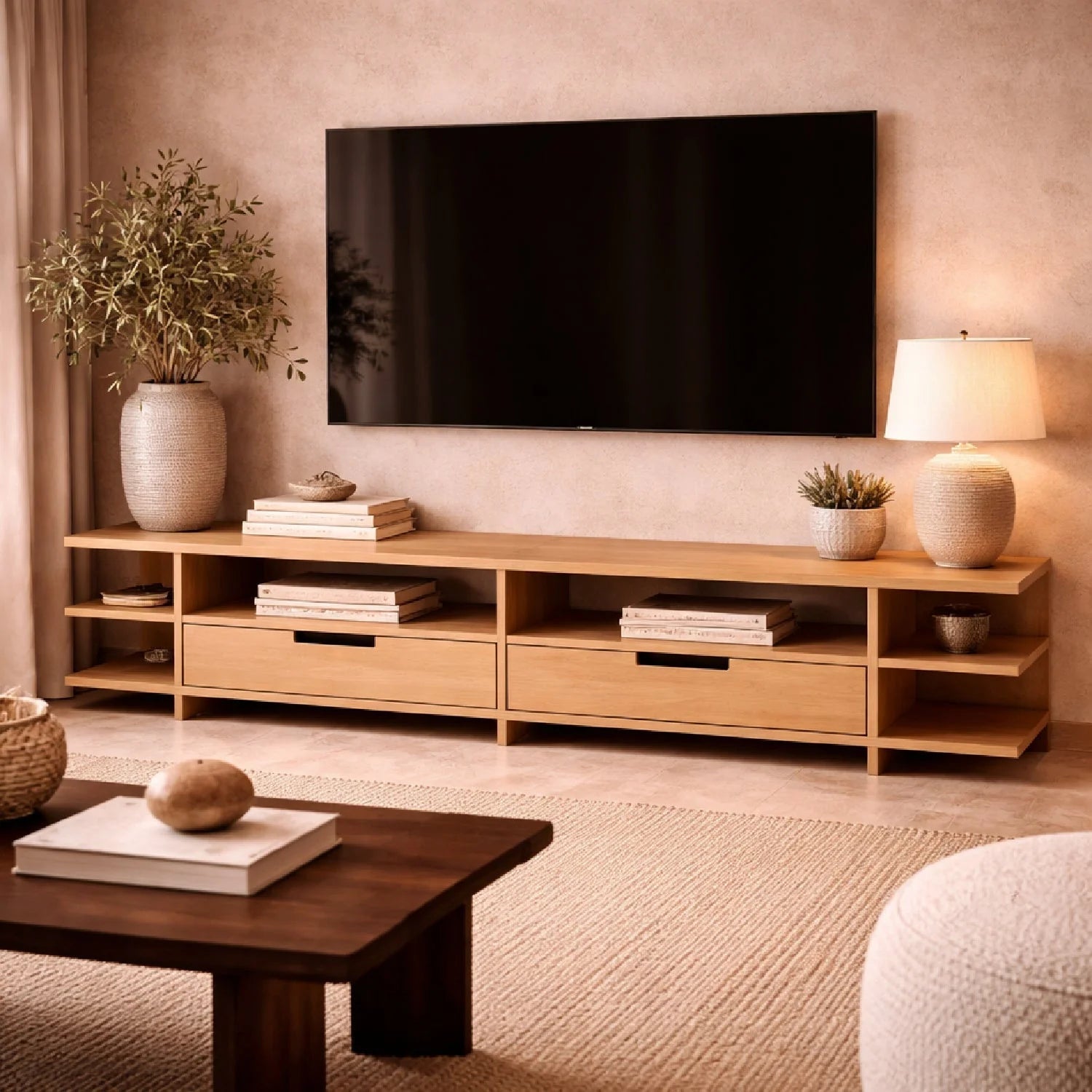 Luxury Solid Oak 2-Drawer Media Cabinet Modern Italian Style for Villa