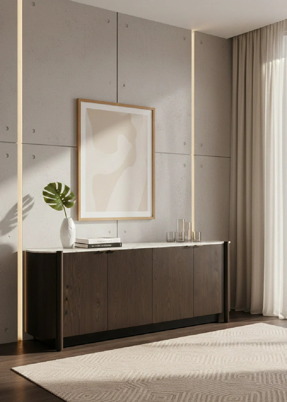 Luxury Solid Oak 4-Door Sideboard European Style for Villa