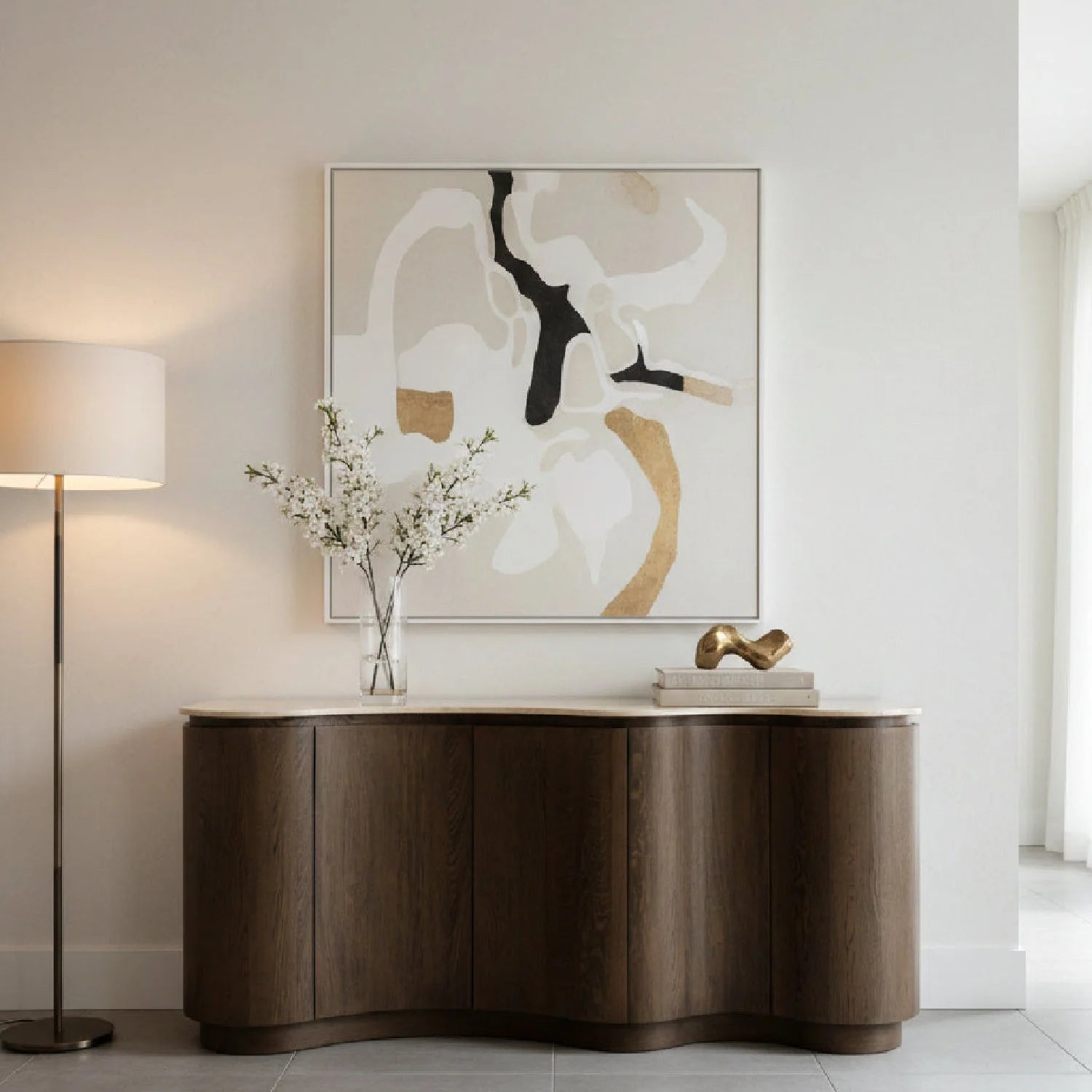 Luxury Solid Oak Travertine Top Sideboard European Style for Villa