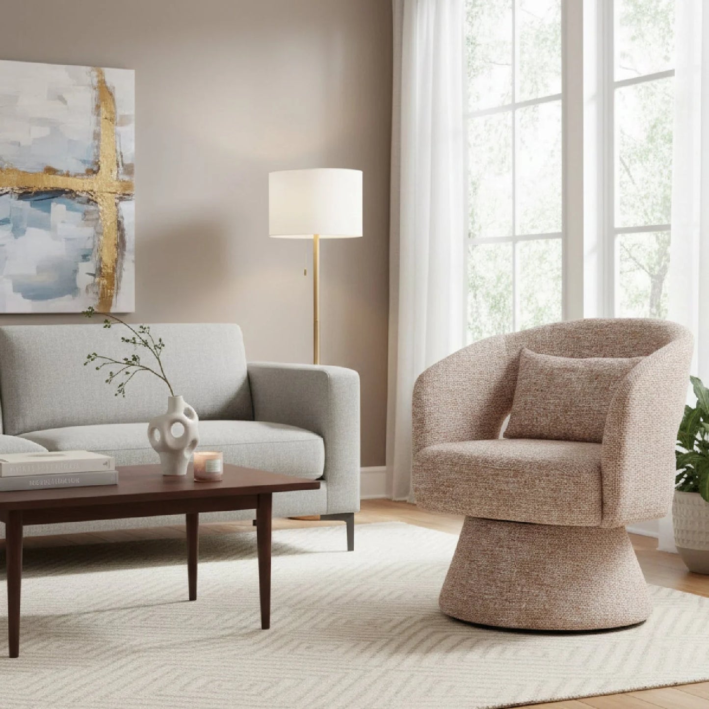 Luxury Speckled Brown Shearling Swivel Chair Modern Italian Style for Villa