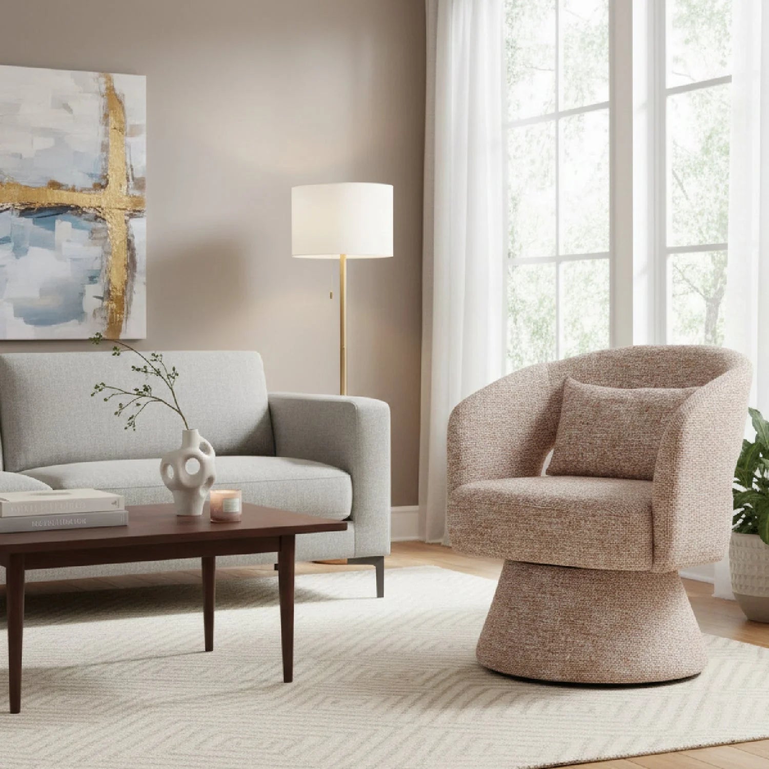 Luxury Speckled Brown Shearling Swivel Chair Modern Italian Style for Villa