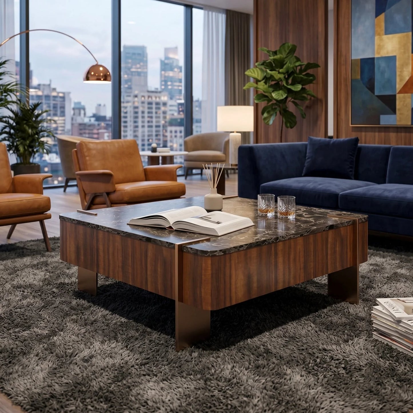 Luxury Square Walnut Coffee Table Modern Italian Style for Villa