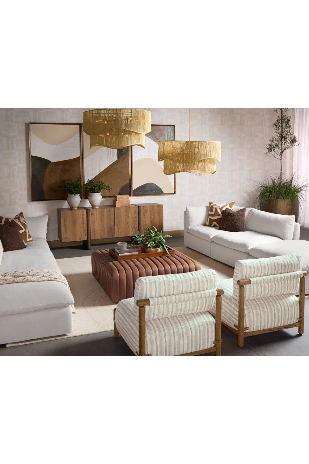 Luxury Striped Fabric Oak Lounge Chair European Style for Villa