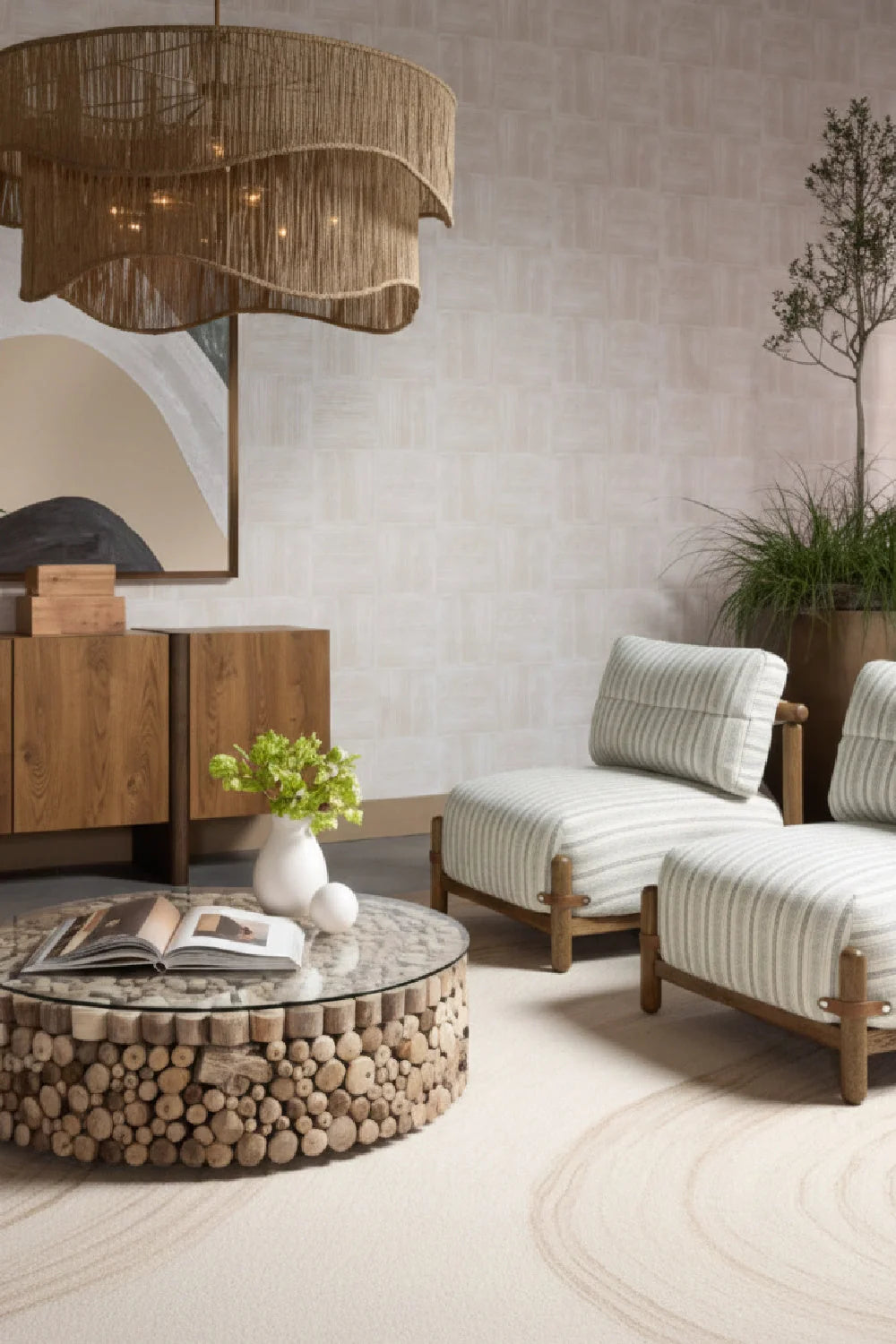 Luxury Striped Fabric Oak Lounge Chair European Style for Villa