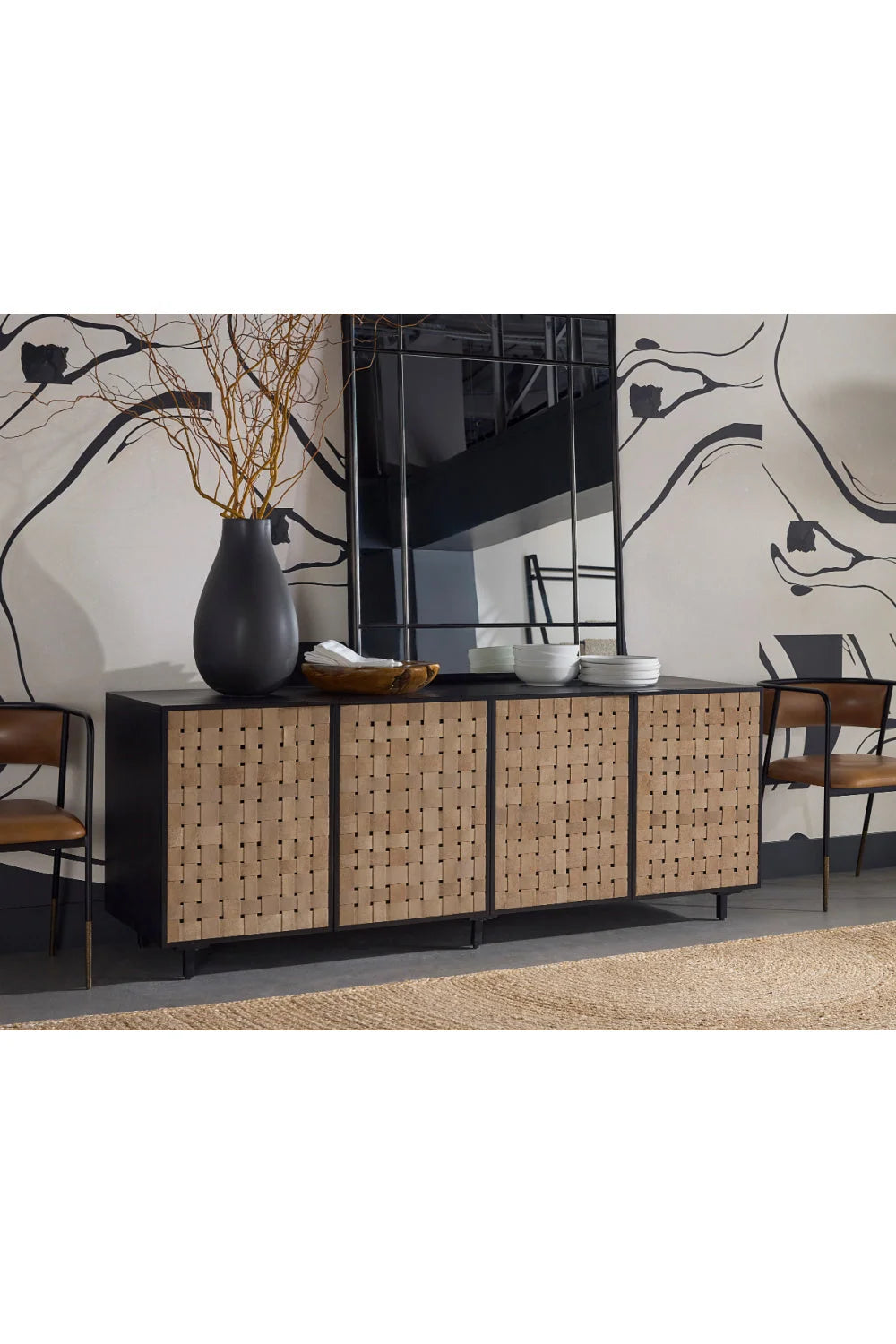 Luxury Sueded Tan Leather Sideboard European Style for Villa