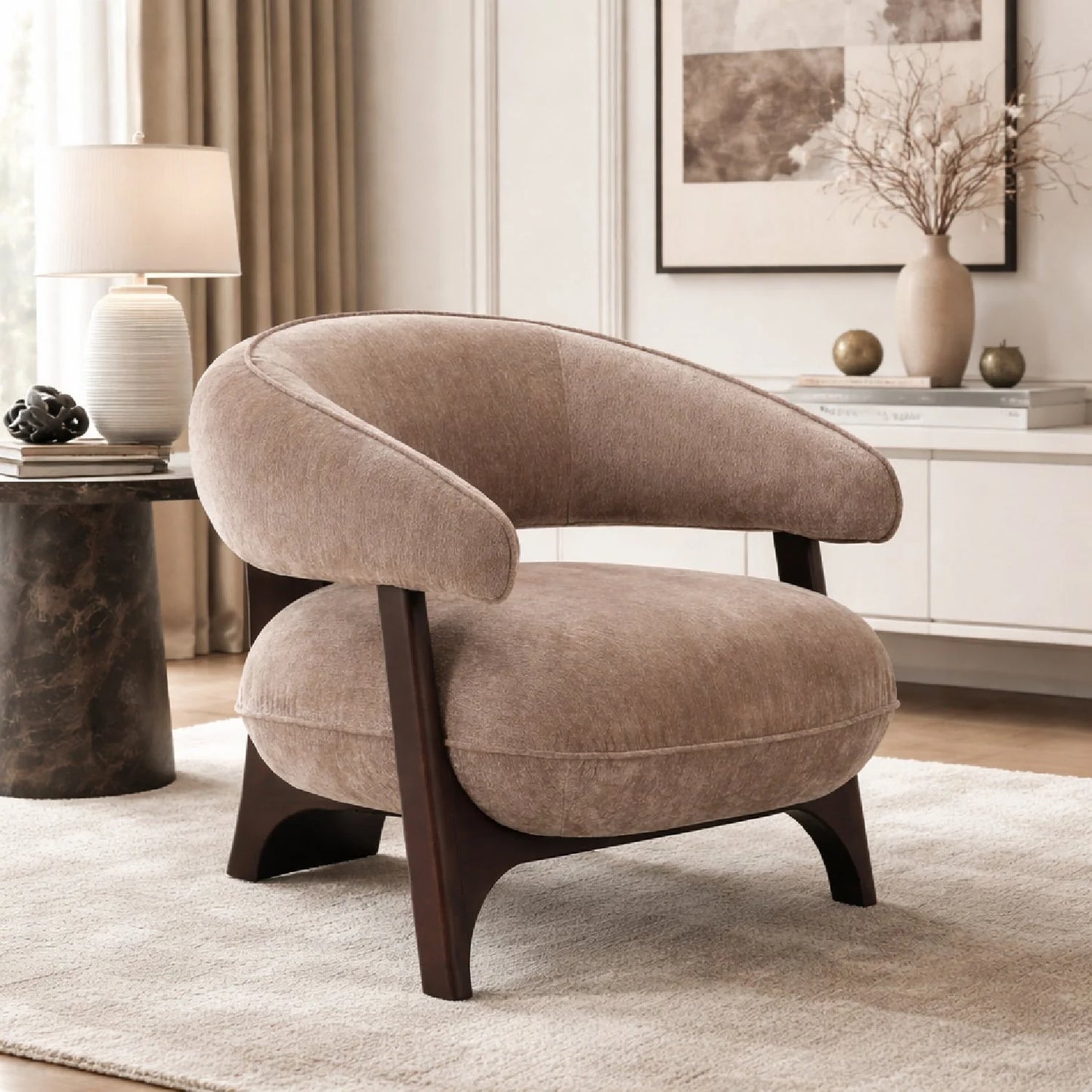 Luxury Tan Fabric Curved Lounge Chair Modern Italian Style for Villa