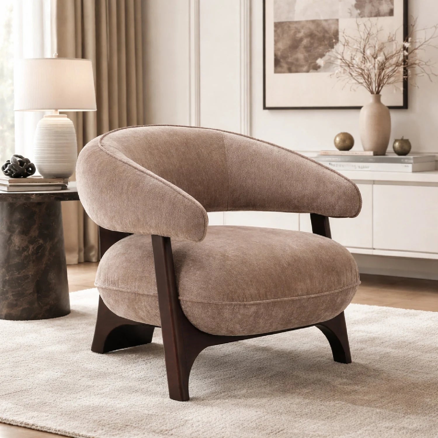 Luxury Tan Fabric Curved Lounge Chair Modern Italian Style for Villa
