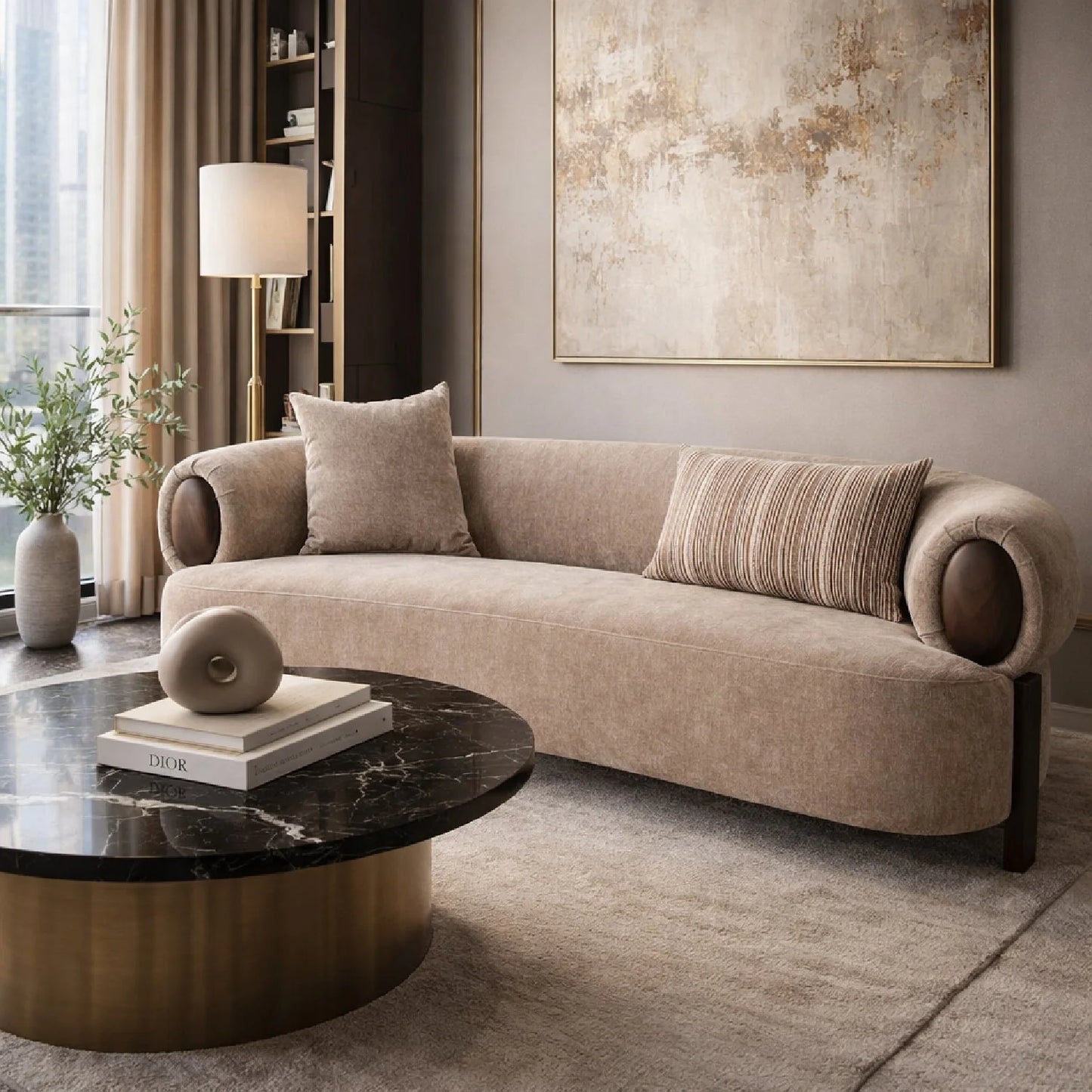 Luxury Tan Fabric Loveseat Modern Italian Style for Villa