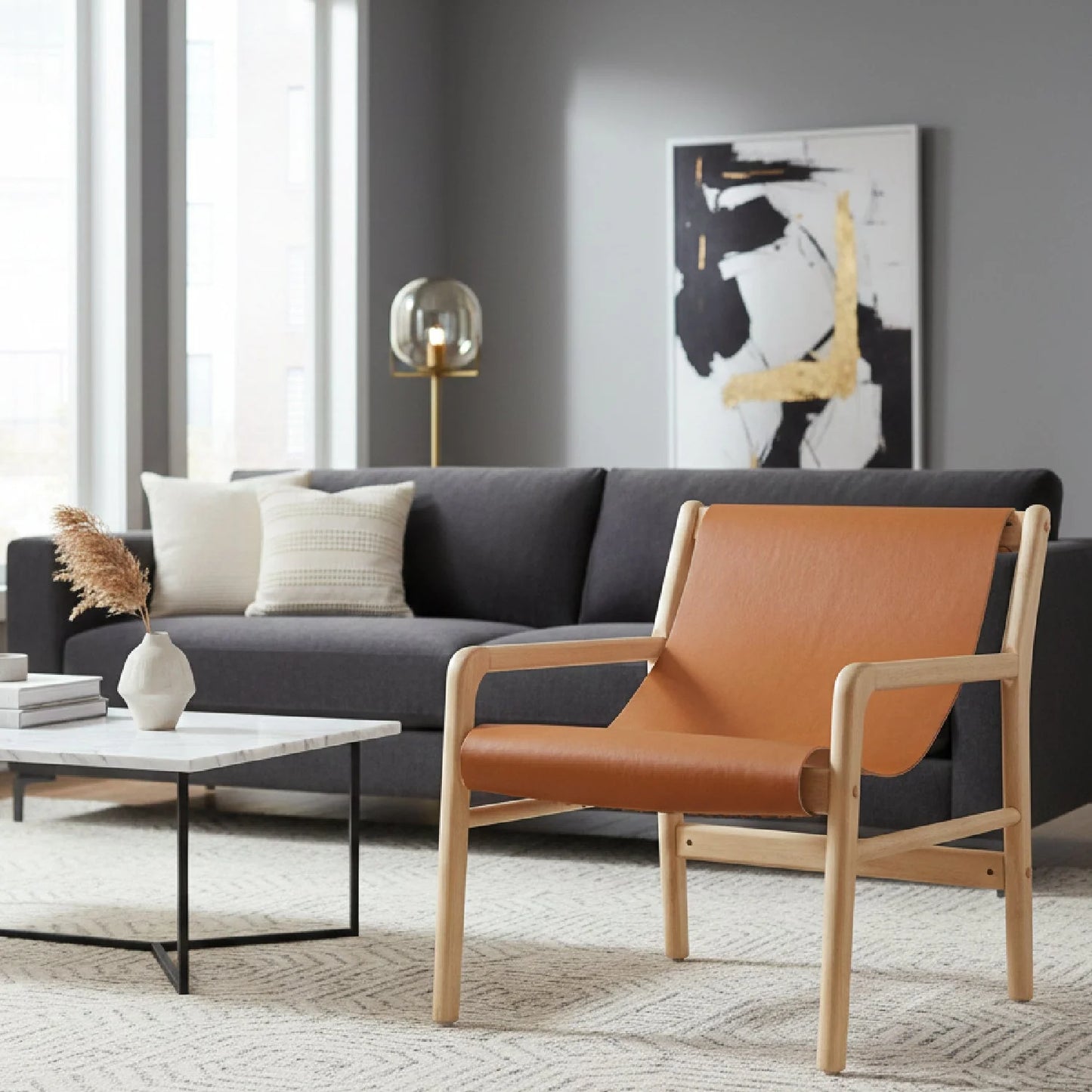 Luxury Tan Leather Accent Chair Modern Italian Style for Villa