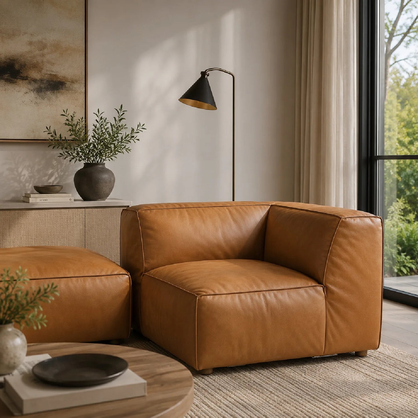 Luxury Tan Leather Corner Chair Modern Italian Style for Villa