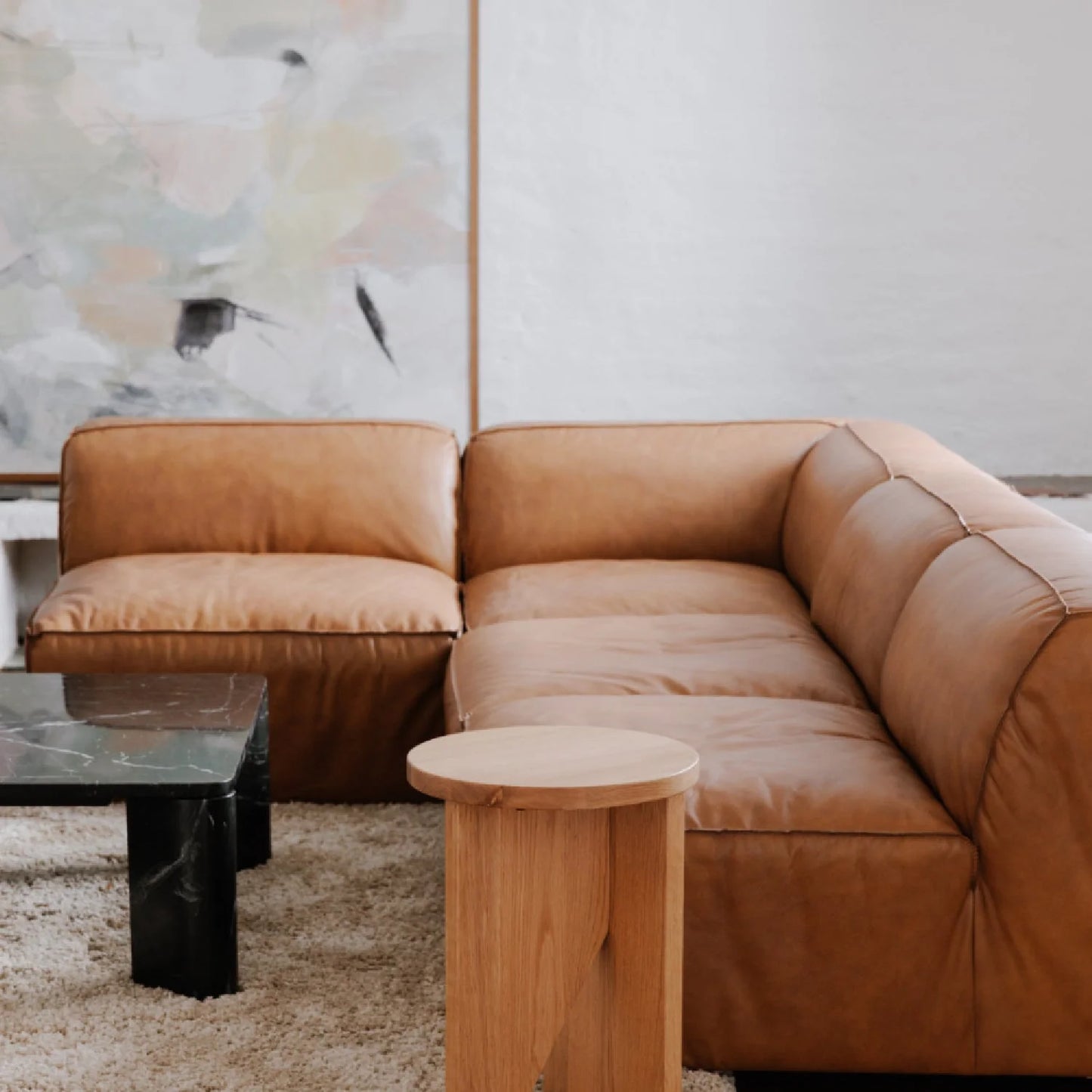 Luxury Tan Leather Corner Chair Modern Italian Style for Villa