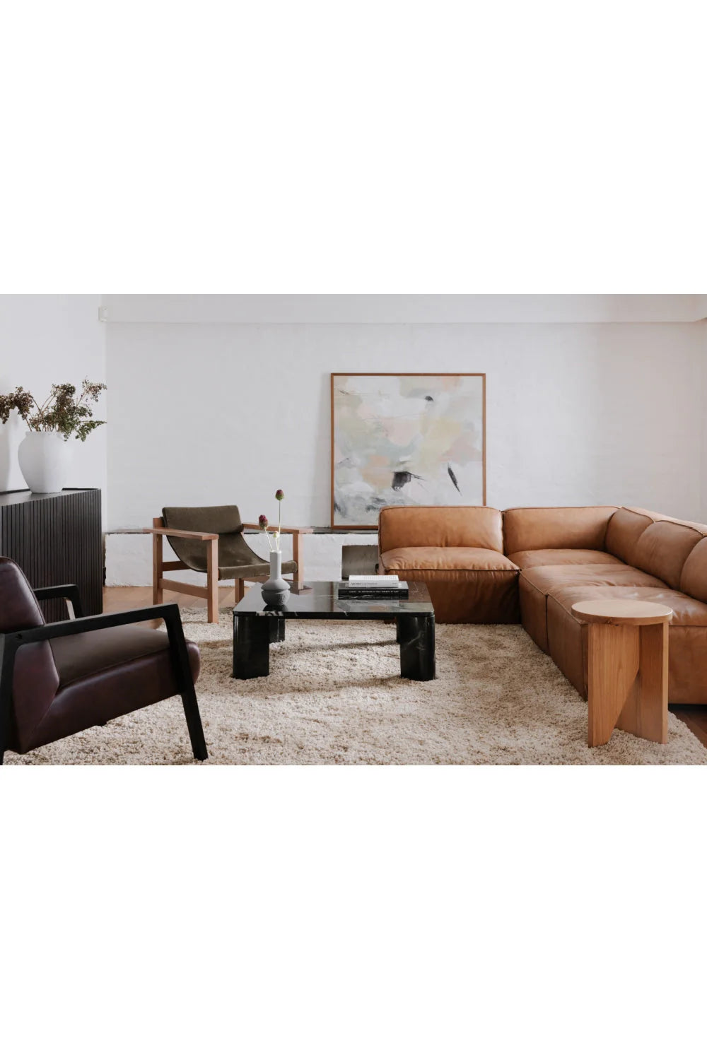 Luxury Tan Leather Corner Chair Modern Italian Style for Villa