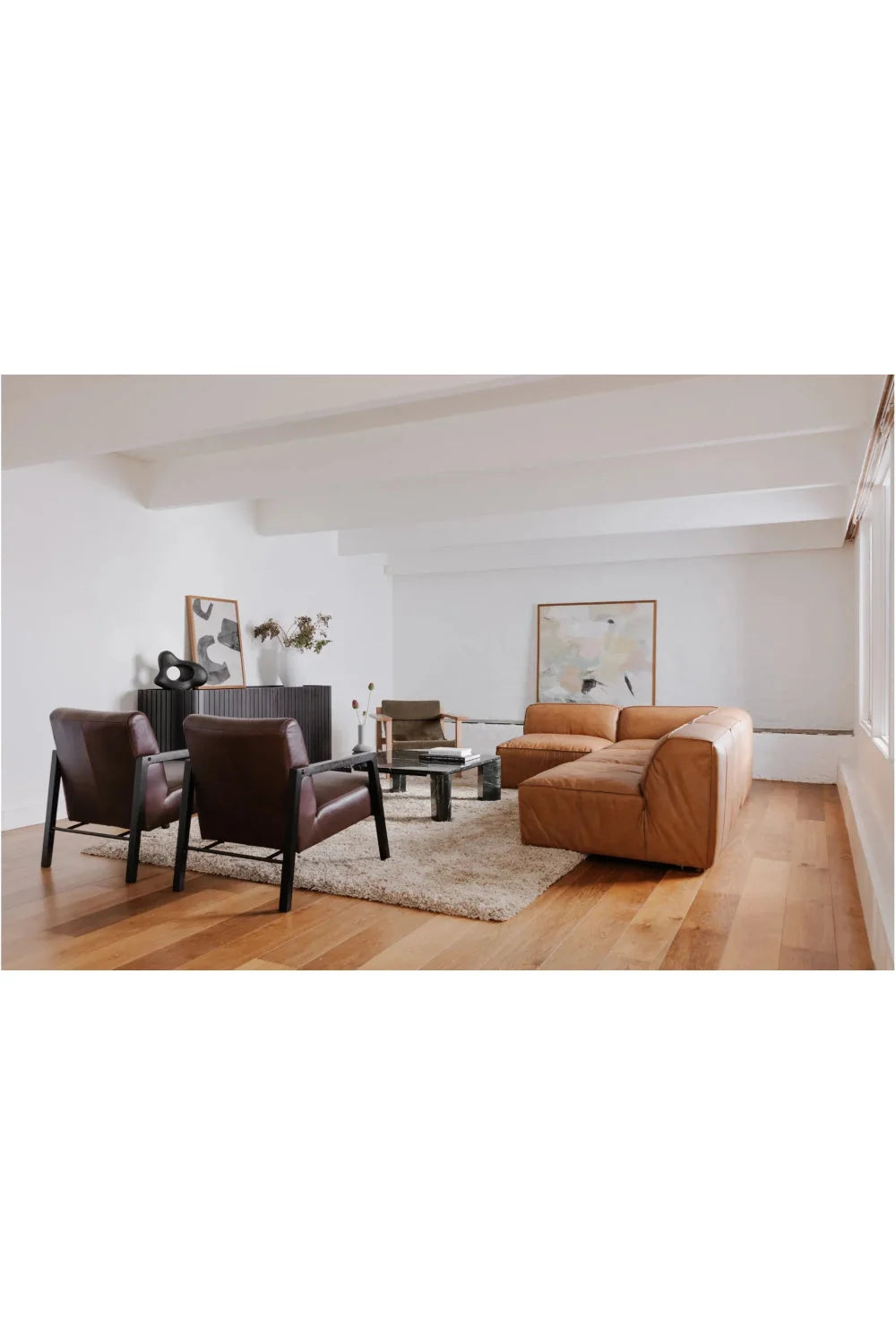 Luxury Tan Leather Corner Chair Modern Italian Style for Villa