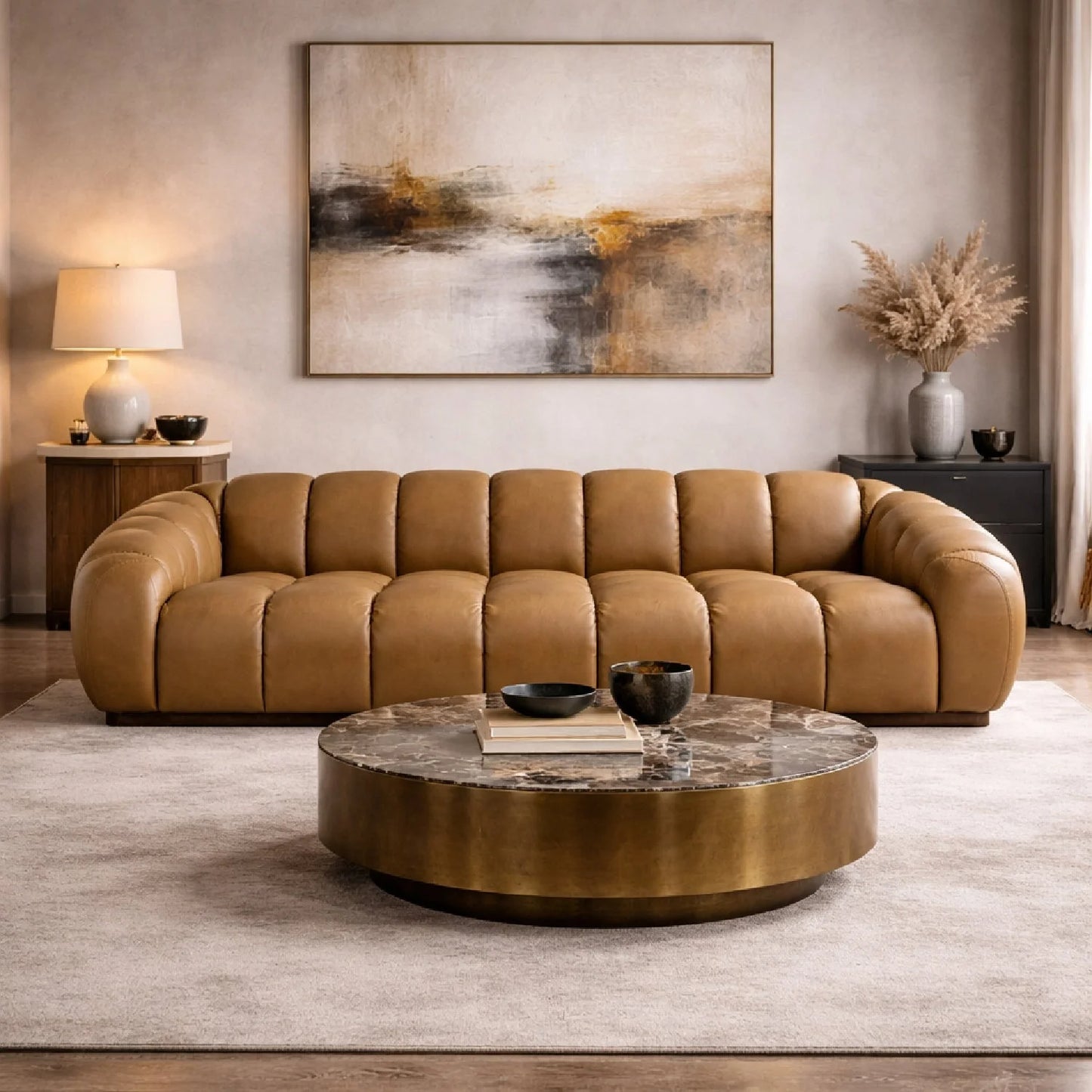 Luxury Tan Leather Four Seater Sofa Modern Italian Style for Villa