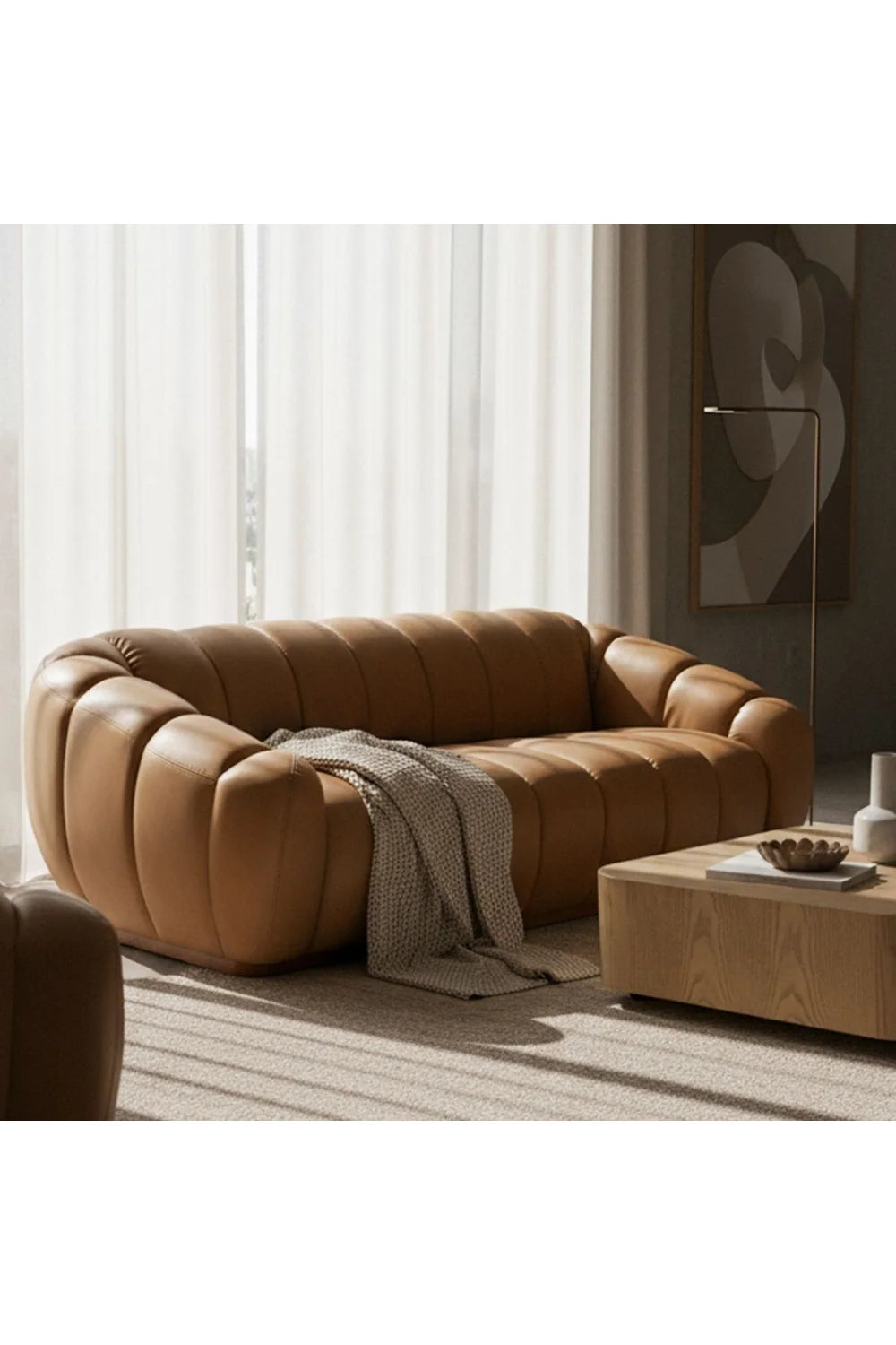 Luxury Tan Leather Four Seater Sofa Modern Italian Style for Villa