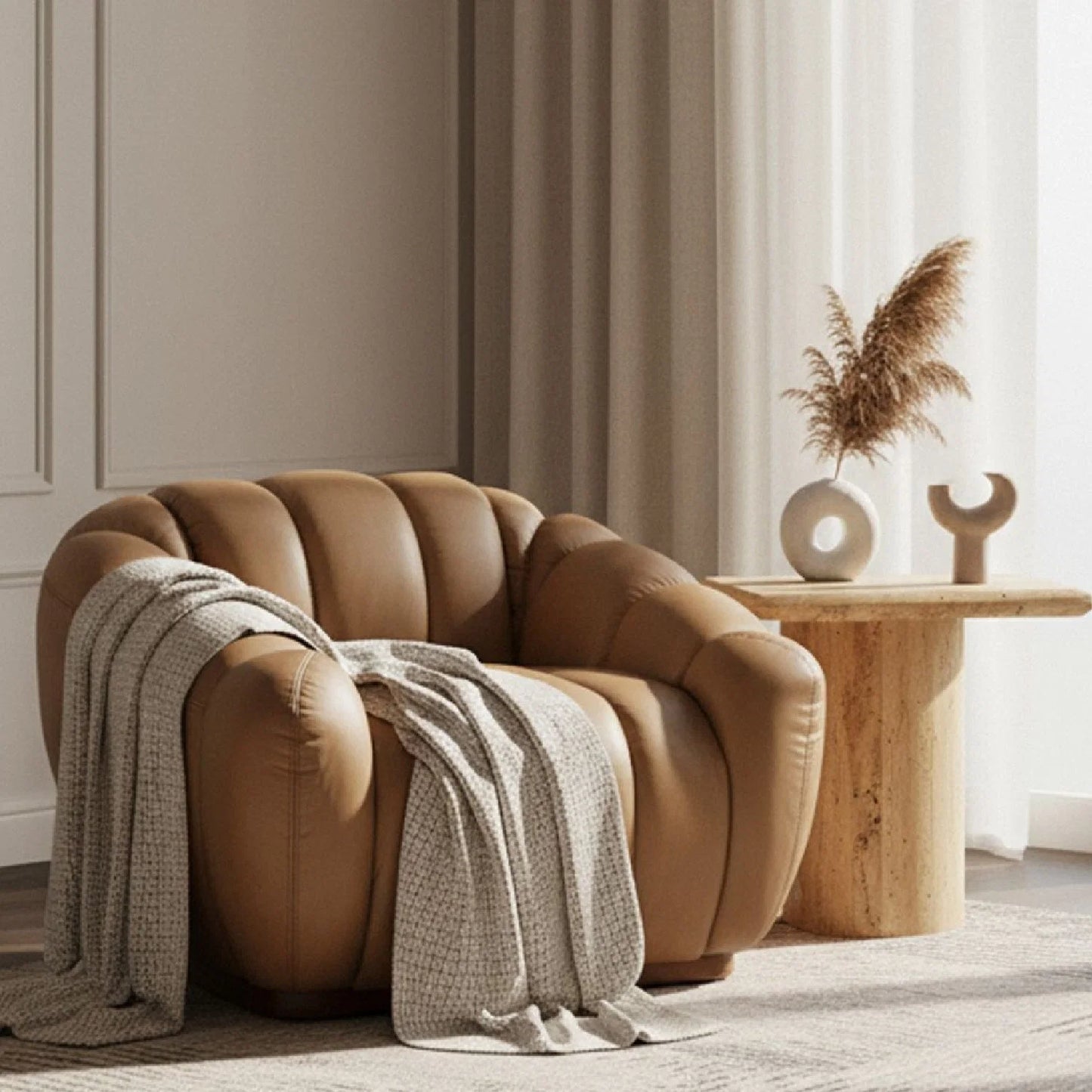 Luxury Tan Leather Lounge Chair Modern Italian Style for Villa