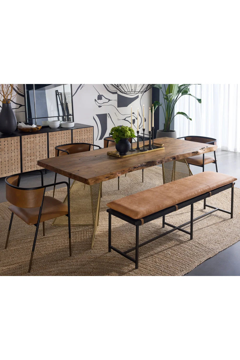 Luxury Tan Leather Steel Frame Bench European Style for Villa