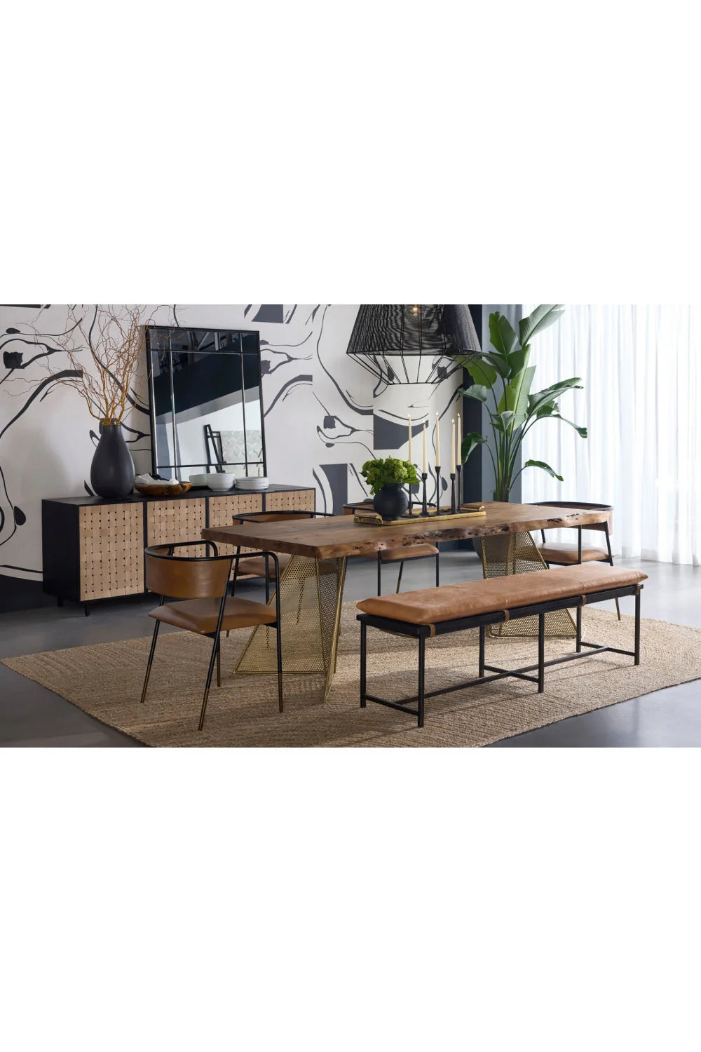 Luxury Tan Leather Steel Frame Bench European Style for Villa