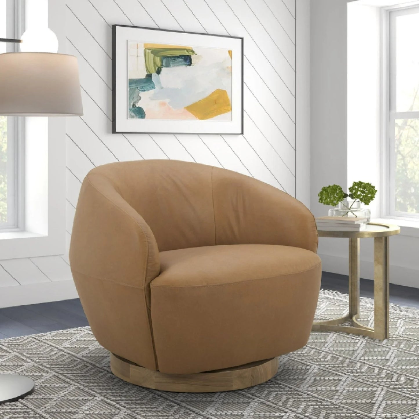 Luxury Tan Leather Swivel Lounge Chair Modern Italian Style for Villa