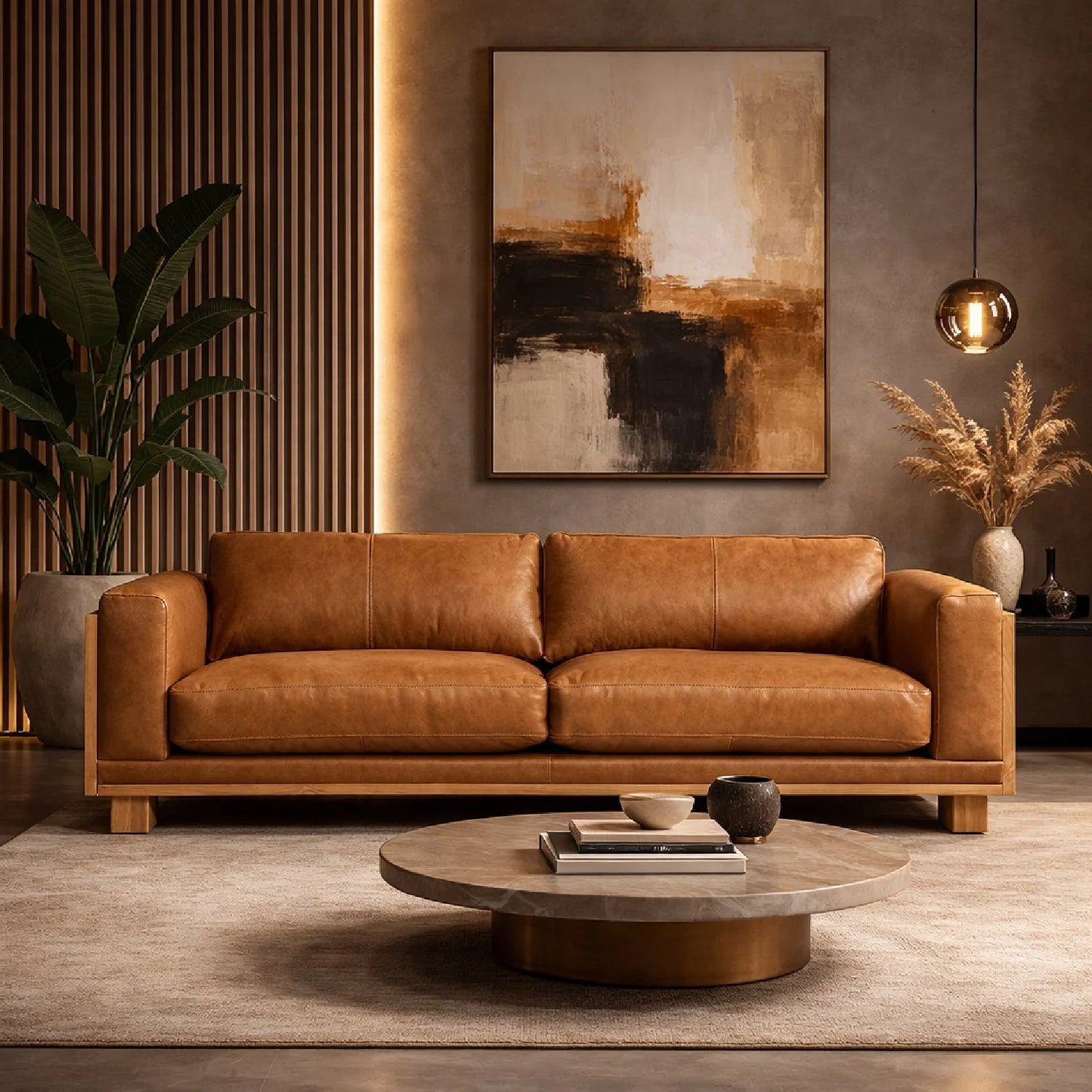 Luxury Tan Leather Wicker Sofa Modern Italian Style for Villa