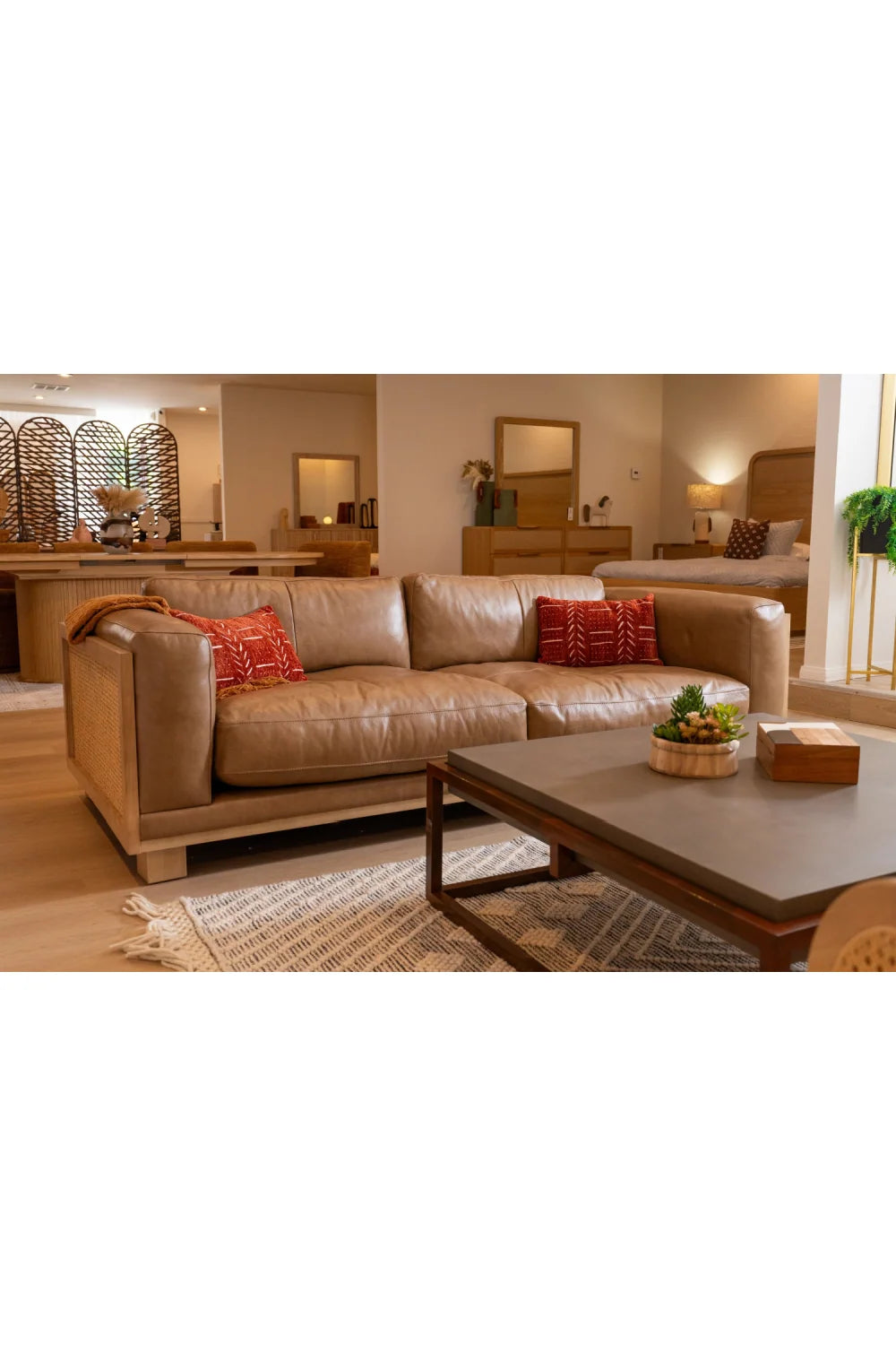 Luxury Tan Leather Wicker Sofa Modern Italian Style for Villa