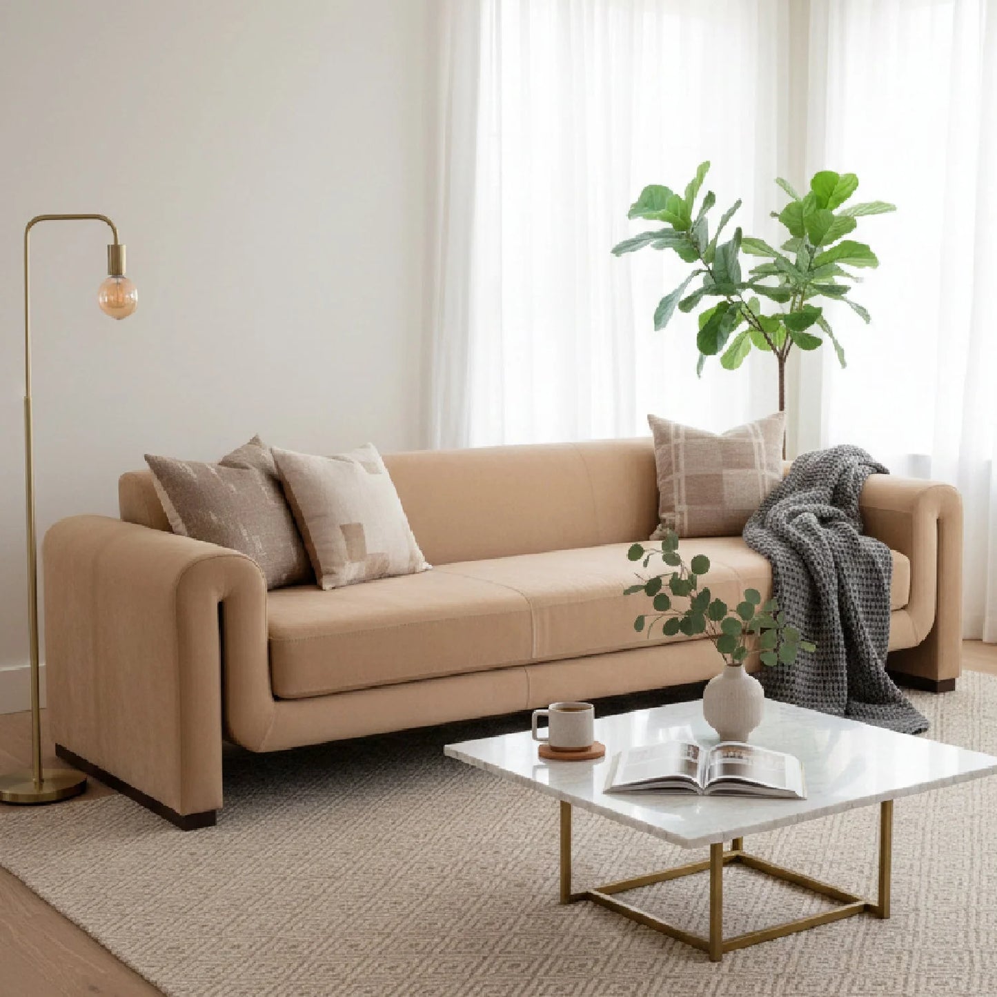Luxury Tan Nubuck Leather Sofa Modern Italian Style for Villa