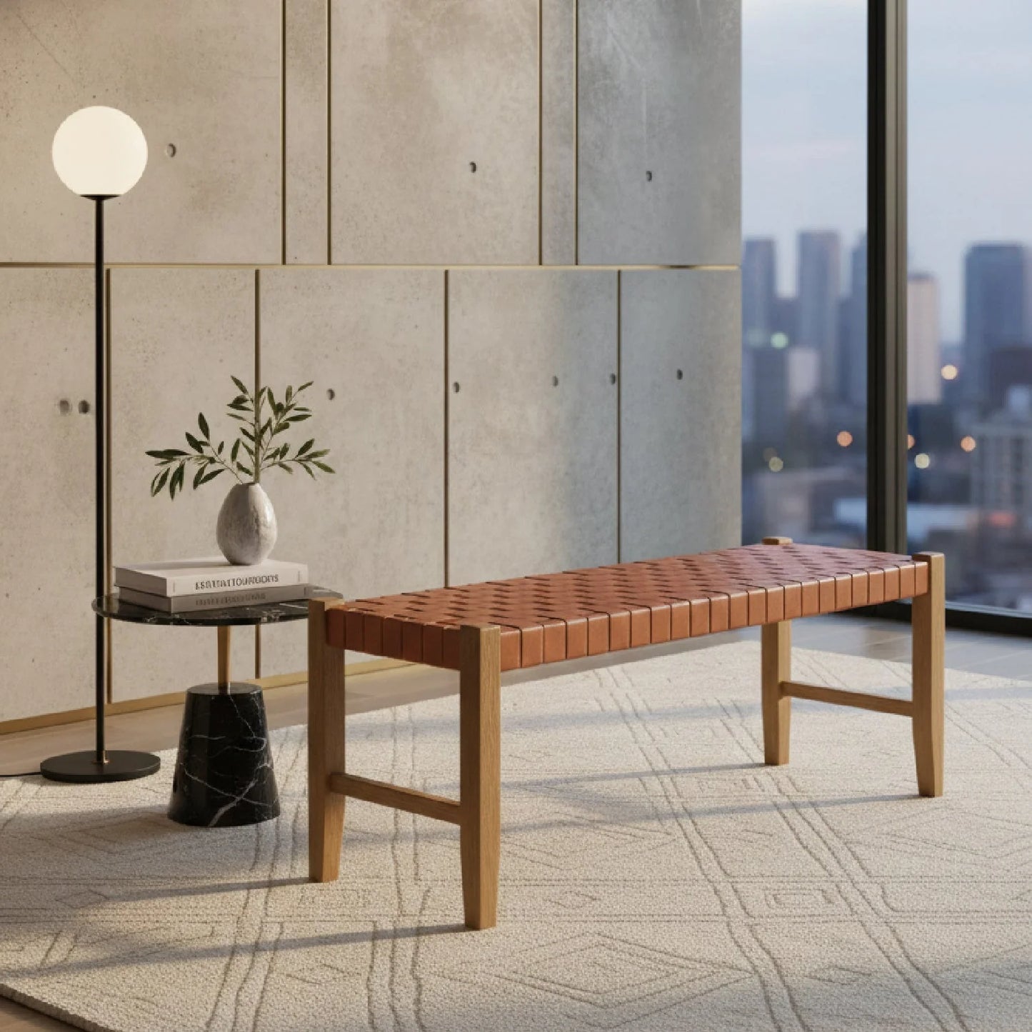 Luxury Tan Woven Leather Bench European Style for Villa