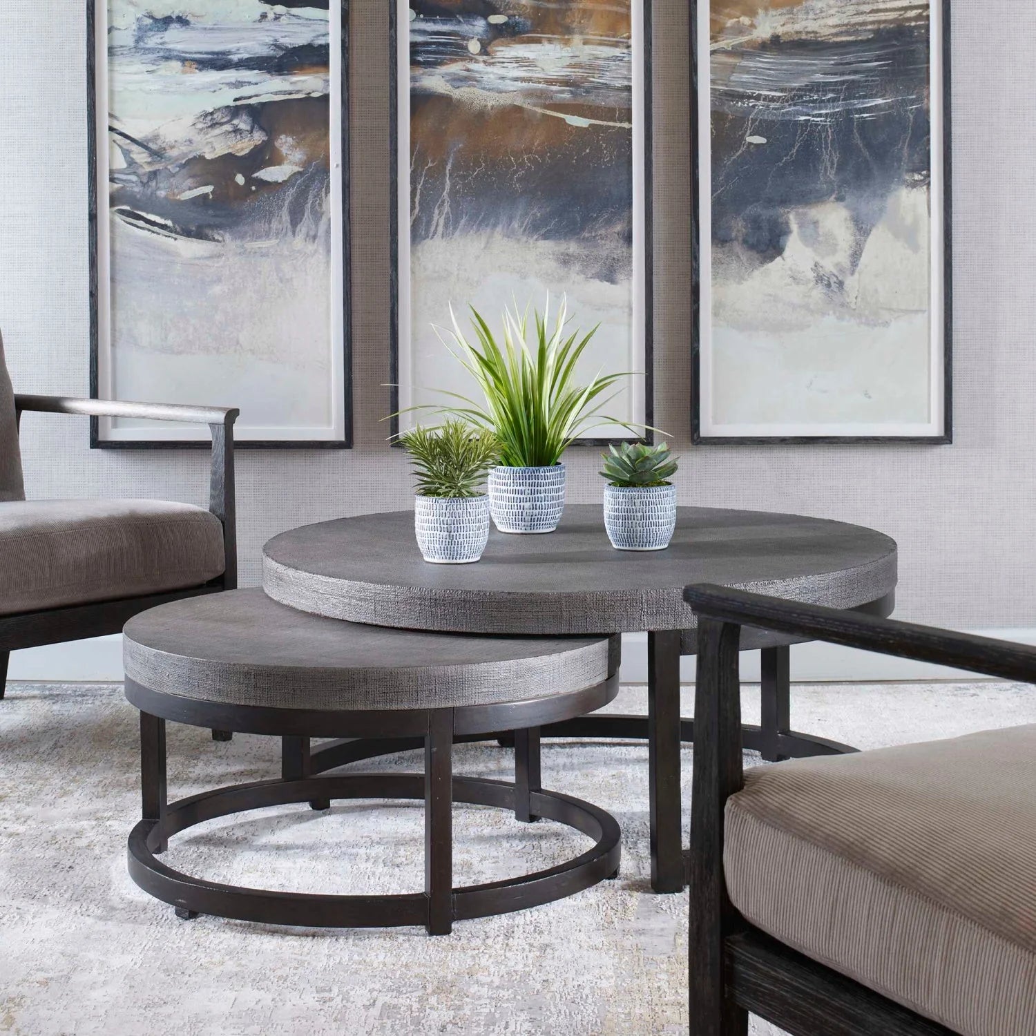 Luxury Taupe Burlap Nesting Coffee Tables Modern Italian Style for Villa