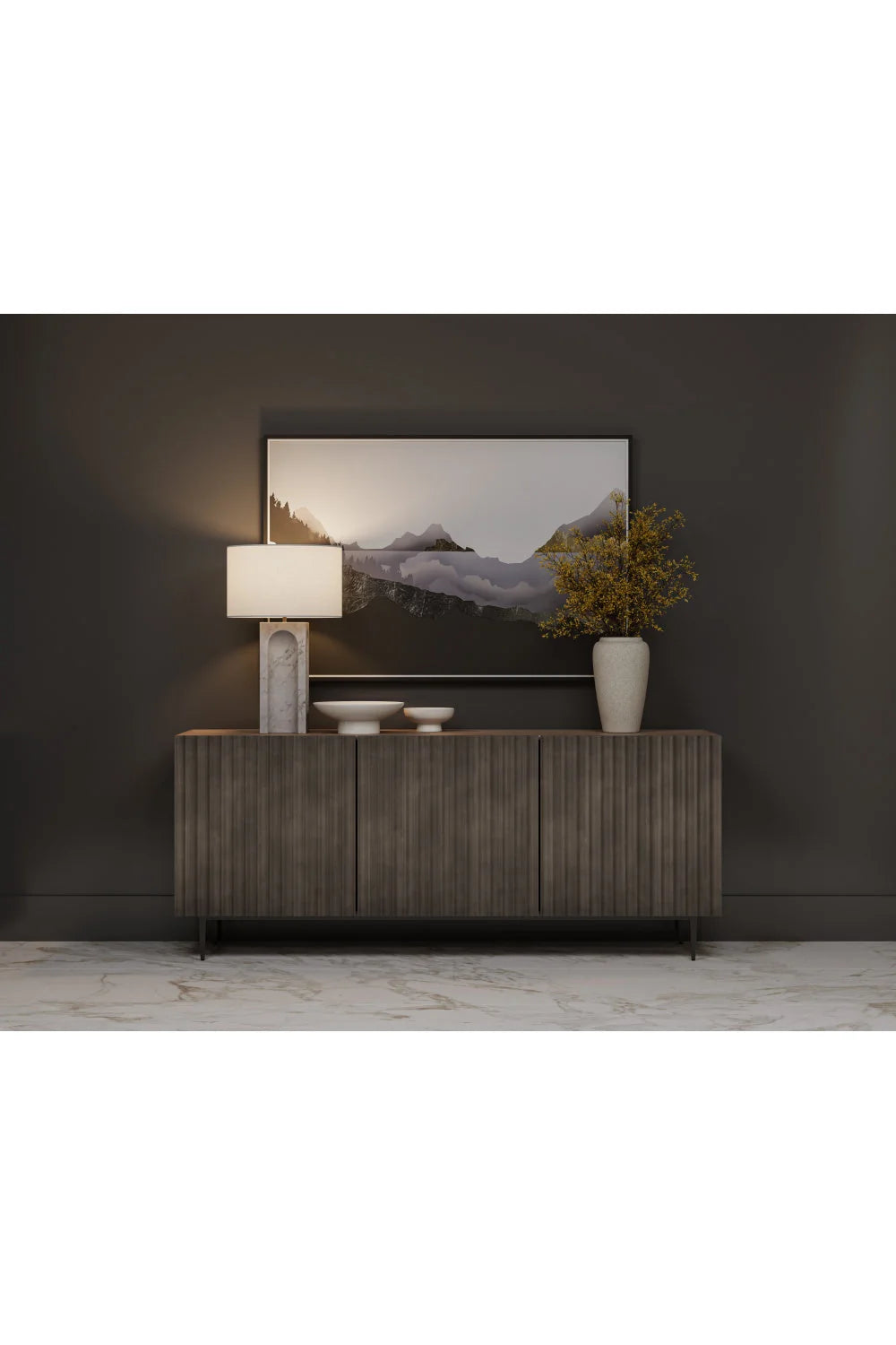 Luxury Taupe Fluted Mango Wood 2-Door Sideboard European Style for Villa