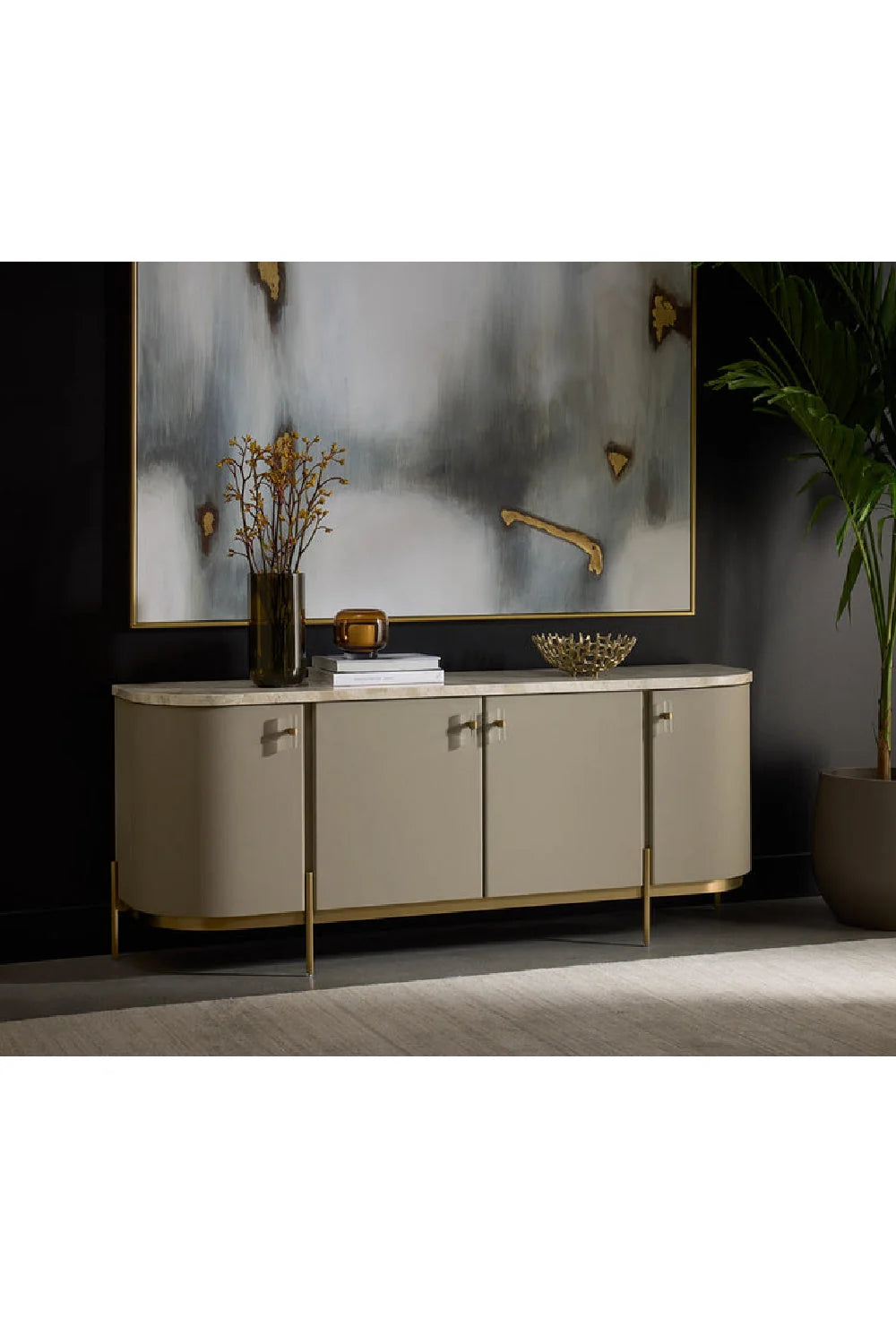 Luxury Taupe Leather 4-Door Sideboard European Style for Villa
