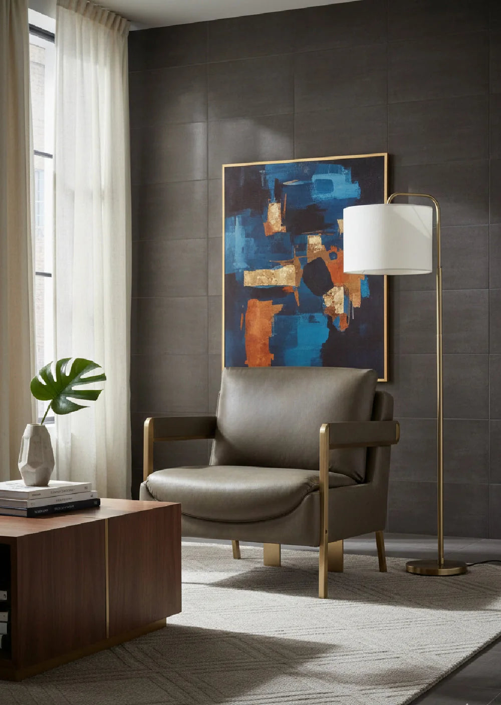 Luxury Taupe Leather Lounge Chair Modern Italian Style for Villa