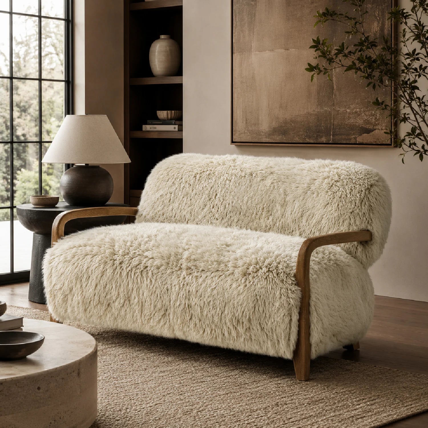 Luxury Taupe Sheepskin Loveseat Sofa Modern Italian Style for Villa