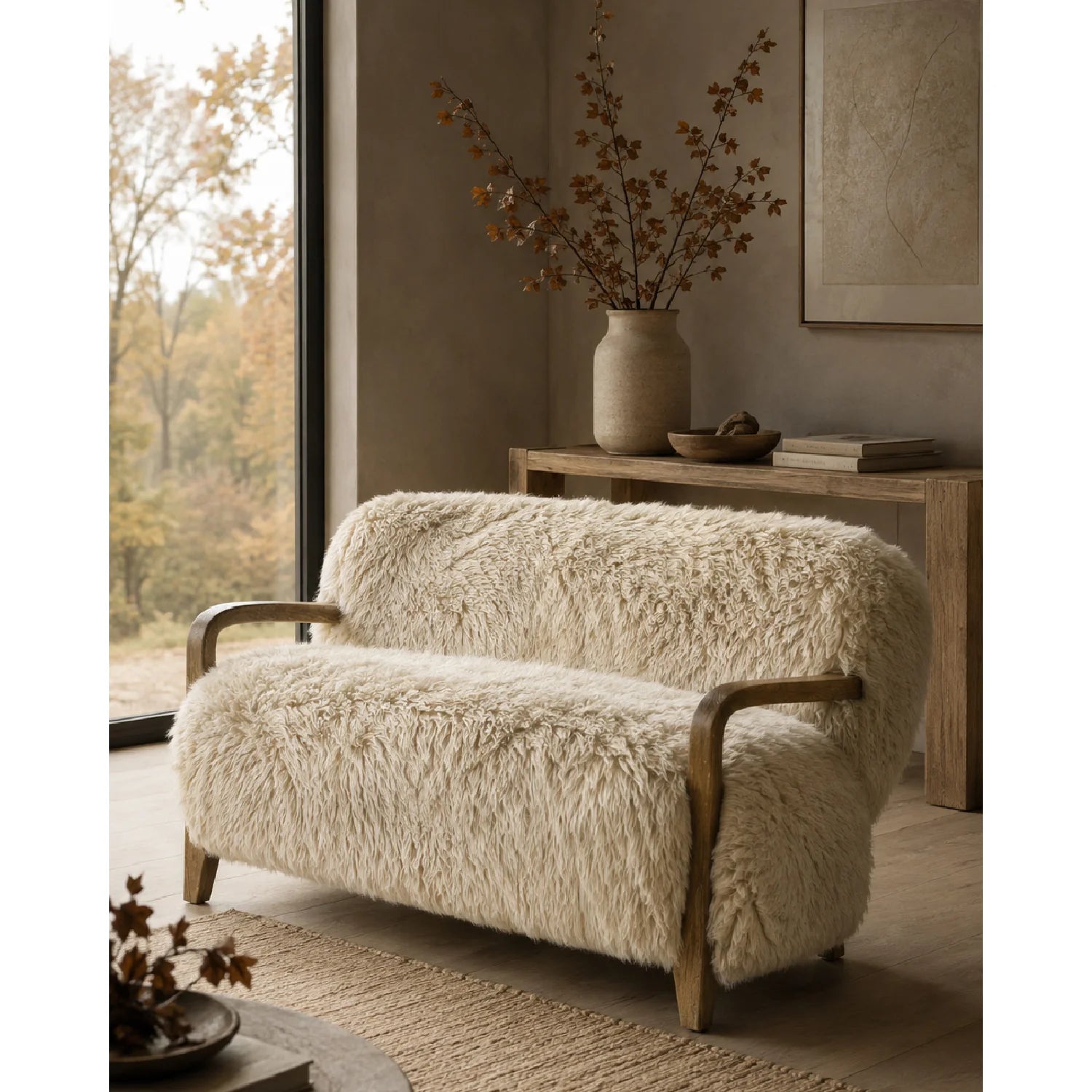 Luxury Taupe Sheepskin Loveseat Sofa Modern Italian Style for Villa
