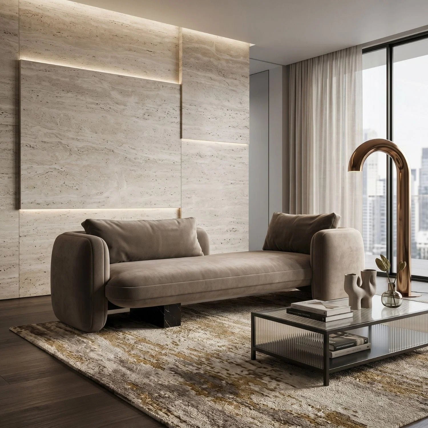 Luxury Taupe Velvet Bedroom Chaise Modern Italian Style for Villa