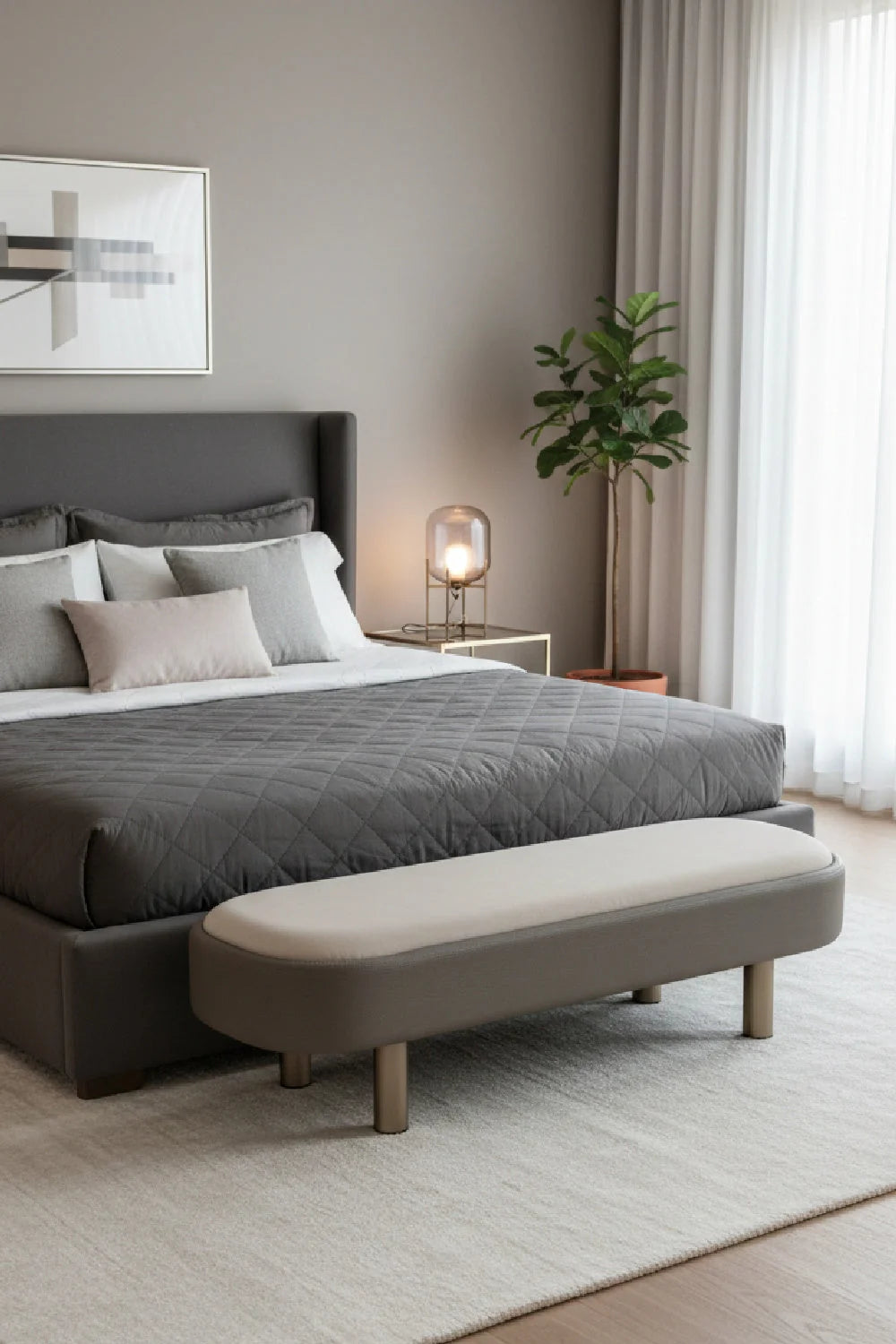 Luxury Taupe Velvet Bench European Style for Villa