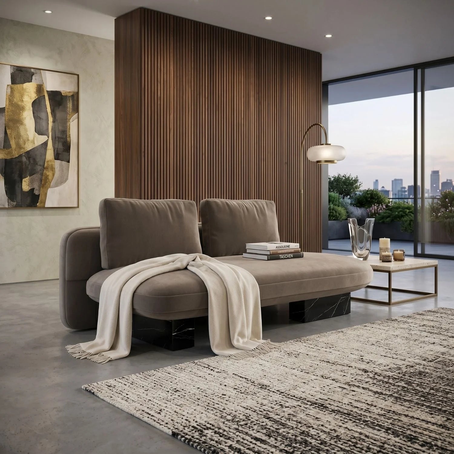 Luxury Taupe Velvet Bumper Sofa Modern Italian Style for Villa