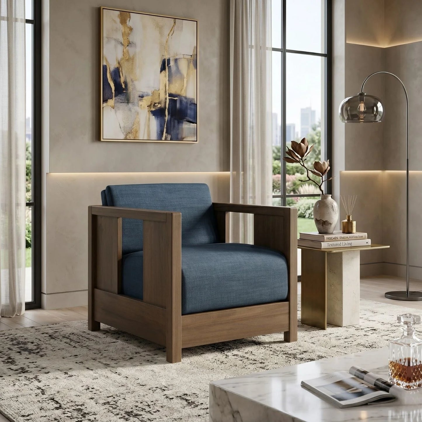 Luxury Teak Fabric Lounge Chair Modern Italian Style for Villa