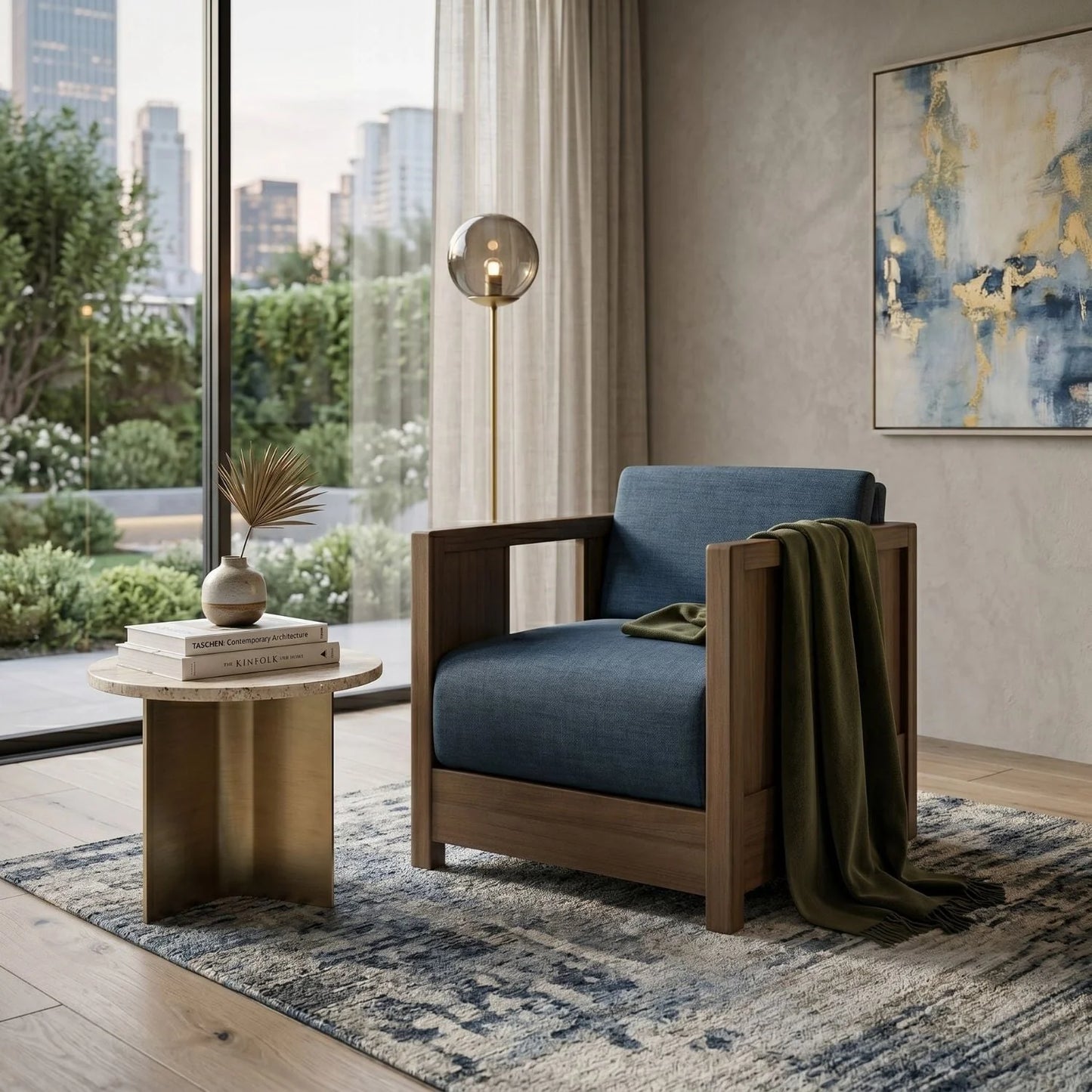 Luxury Teak Fabric Lounge Chair Modern Italian Style for Villa