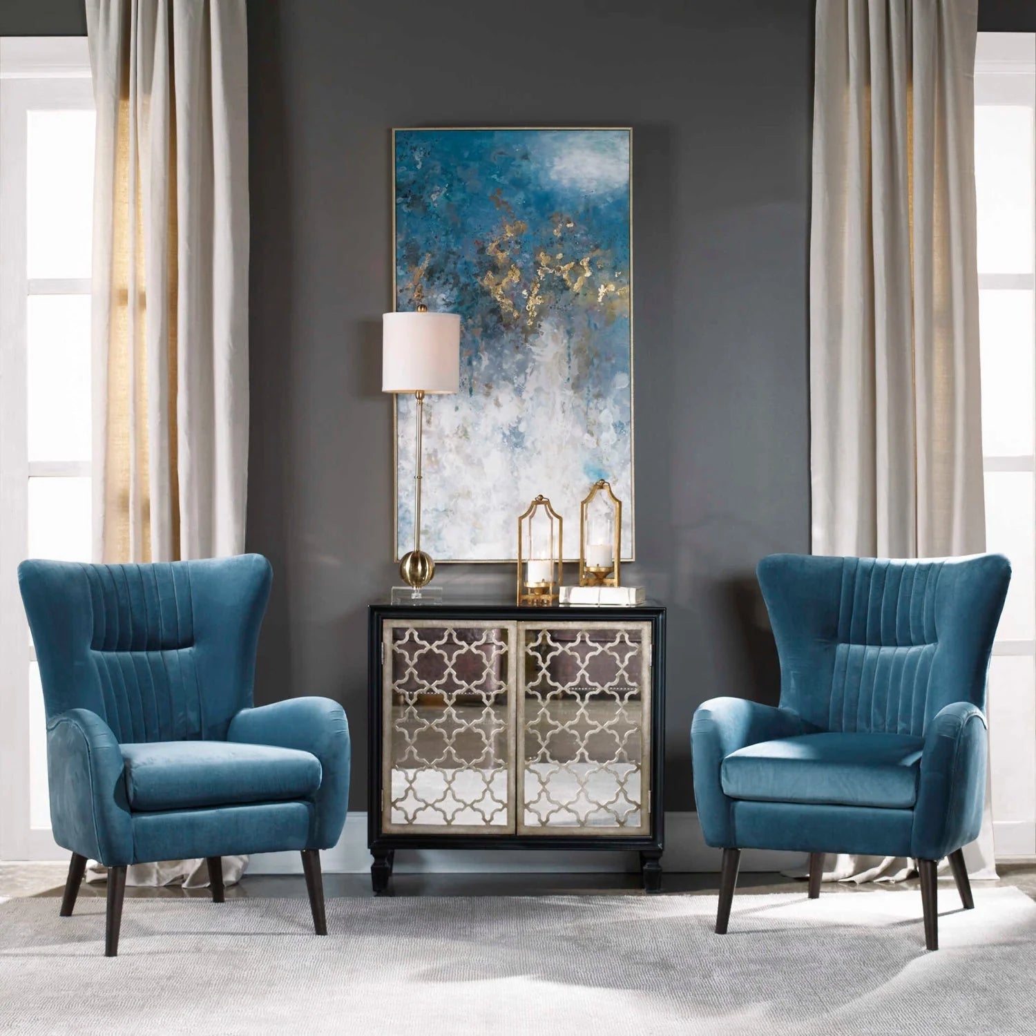 Luxury Teal Blue Velvet Accent Chair European Style for Villa