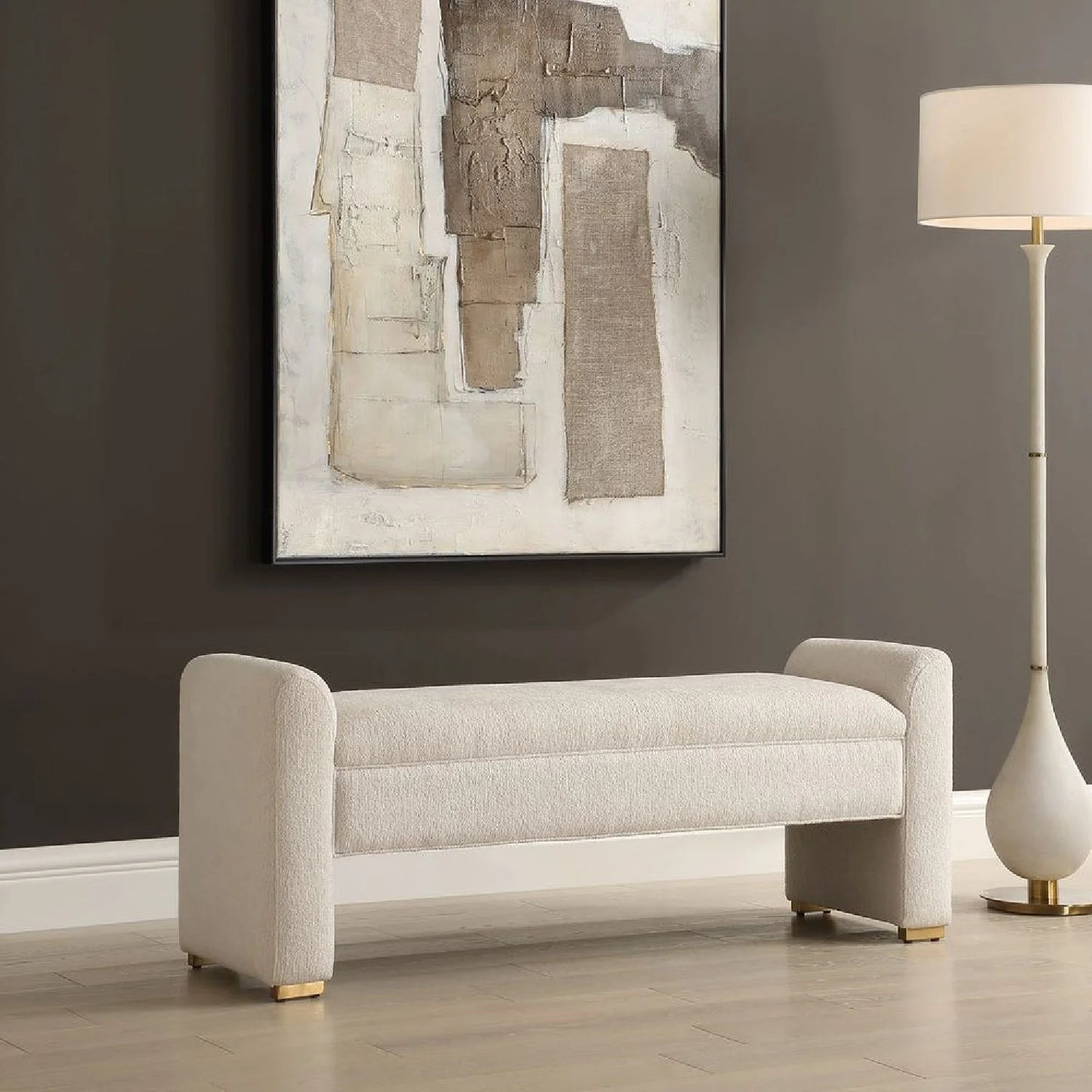 Luxury Textured Ivory Boucle Bench European Style for Villa