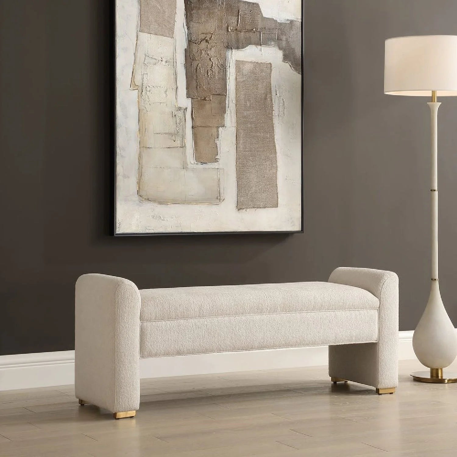 Luxury Textured Ivory Boucle Bench European Style for Villa