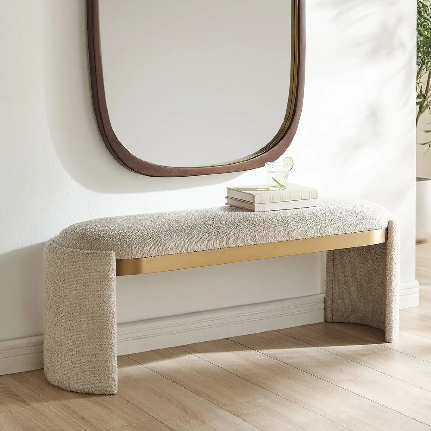 Luxury Textured Ivory Boucle Bench European Style for Villa
