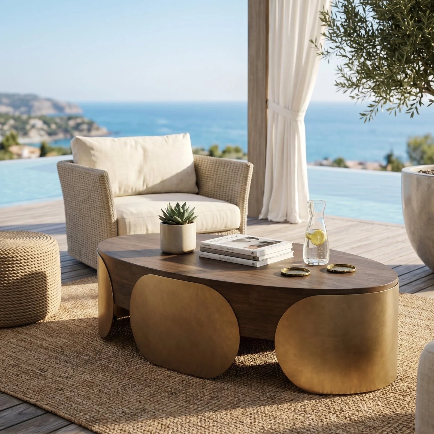 Luxury Timber Effect Oval Coffee Table Modern Italian Style for Villa