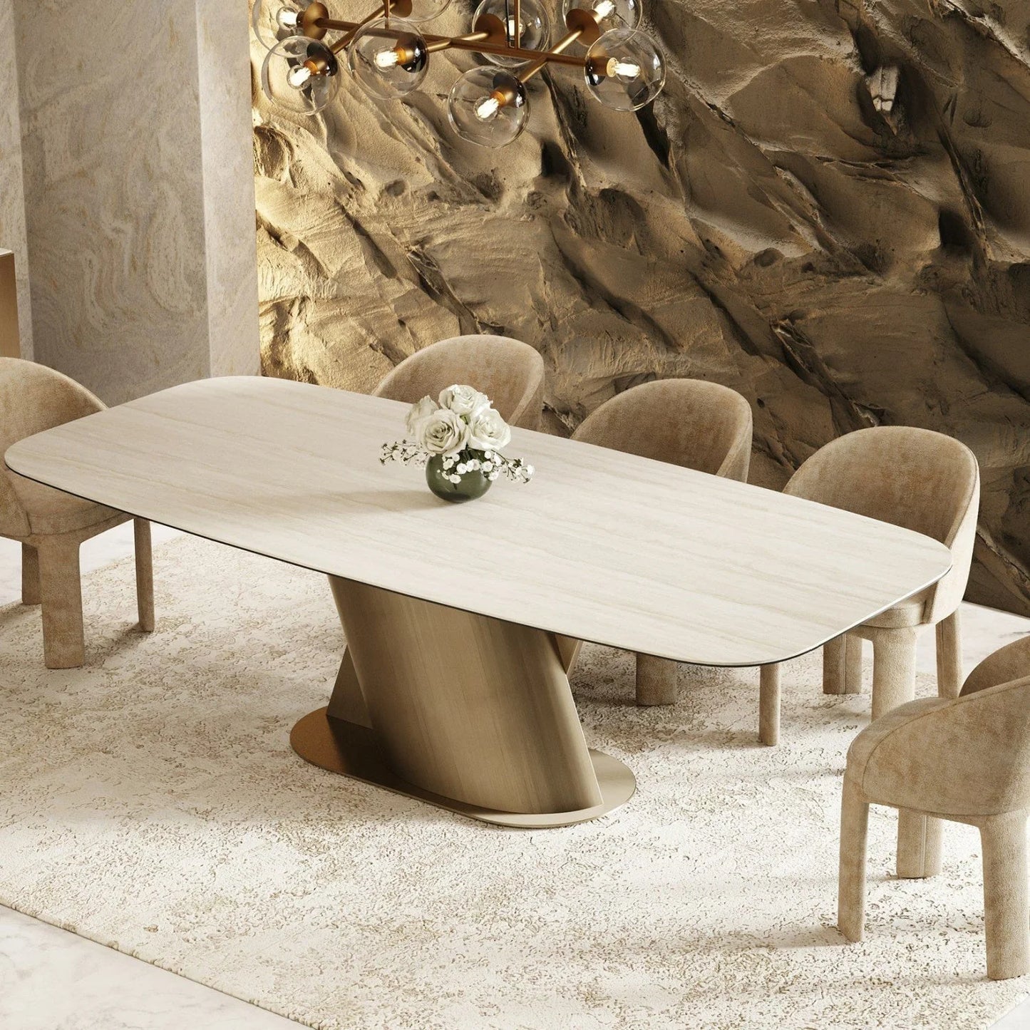 Luxury Travertine Finish Rectangular Dining Table Modern Italian Style for Villa