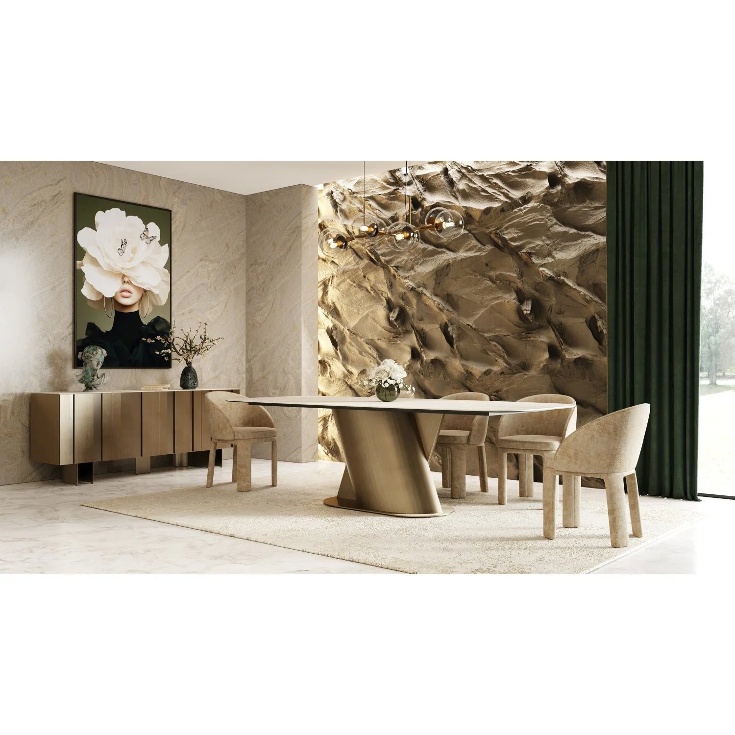 Luxury Travertine Finish Rectangular Dining Table Modern Italian Style for Villa